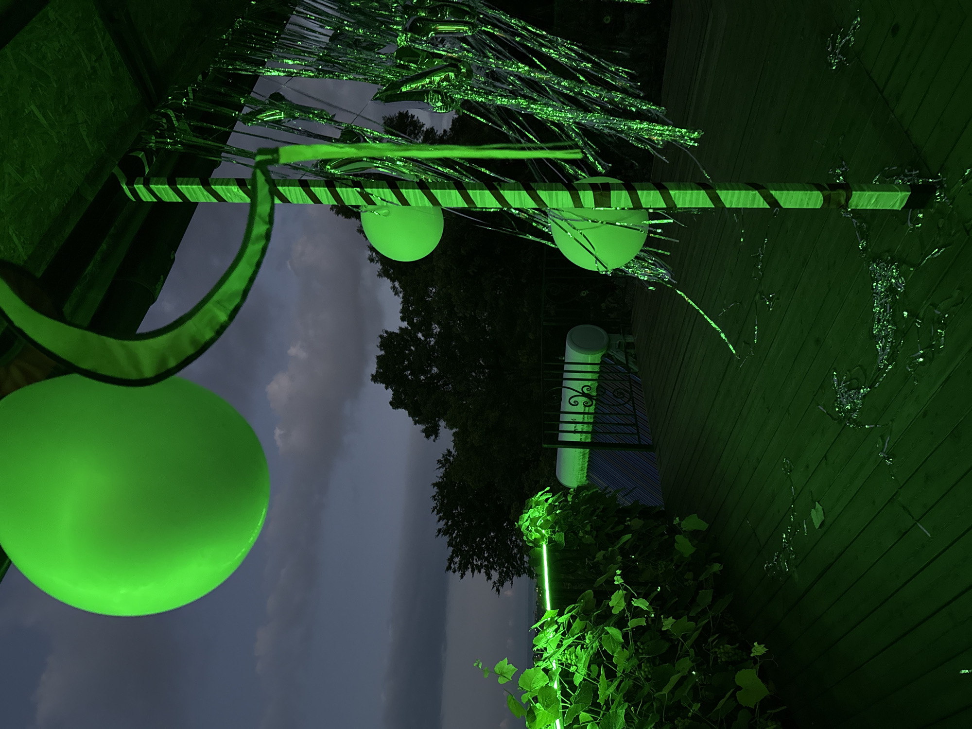 The image depicts an outdoor deck at dusk, illuminated by bright green lighting. The deck is constructed of wooden planks and is adorned with green balloons, metallic fringe streamers, and a vertical pole with black and green stripes. In the background, trees are visible against a cloudy sky, and a low railing with a spiral design runs along the edge of the deck. To the left, lush green foliage with heart-shaped leaves is illuminated by a green light bar. The scene appears to be a decorated outdoor space, possibly for a party or event. There are no people or animals present in the image. The location is stated as Krayevsko-Armyanskoye, Russia.