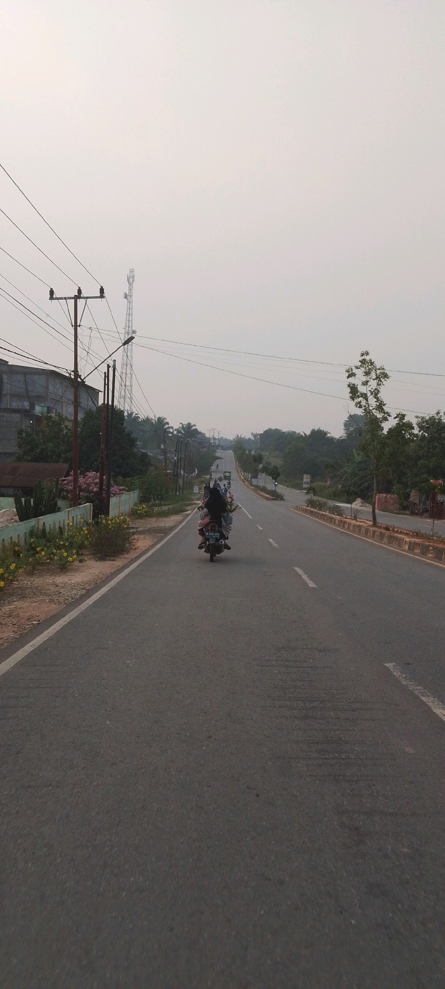 The image depicts a road in Lenggadai Hulu, Indonesia, on an overcast day. In the foreground, a motorcycle carrying at least three individuals is traveling away from the viewer down the asphalt road. The motorcycle is laden with what appear to be flowers or plants. To the left of the road, there is a low fence, some vegetation, and a building with a grey facade. Further down the road, multiple other motorcycles and vehicles are visible, indicating ongoing traffic. Utility poles and power lines are prominent along the left side of the road, and a tall telecommunications tower stands in the middle ground. The road itself has visible lane markings. The environment is characterized by a hazy sky and lush green foliage on either side of the road, receding into the distance.