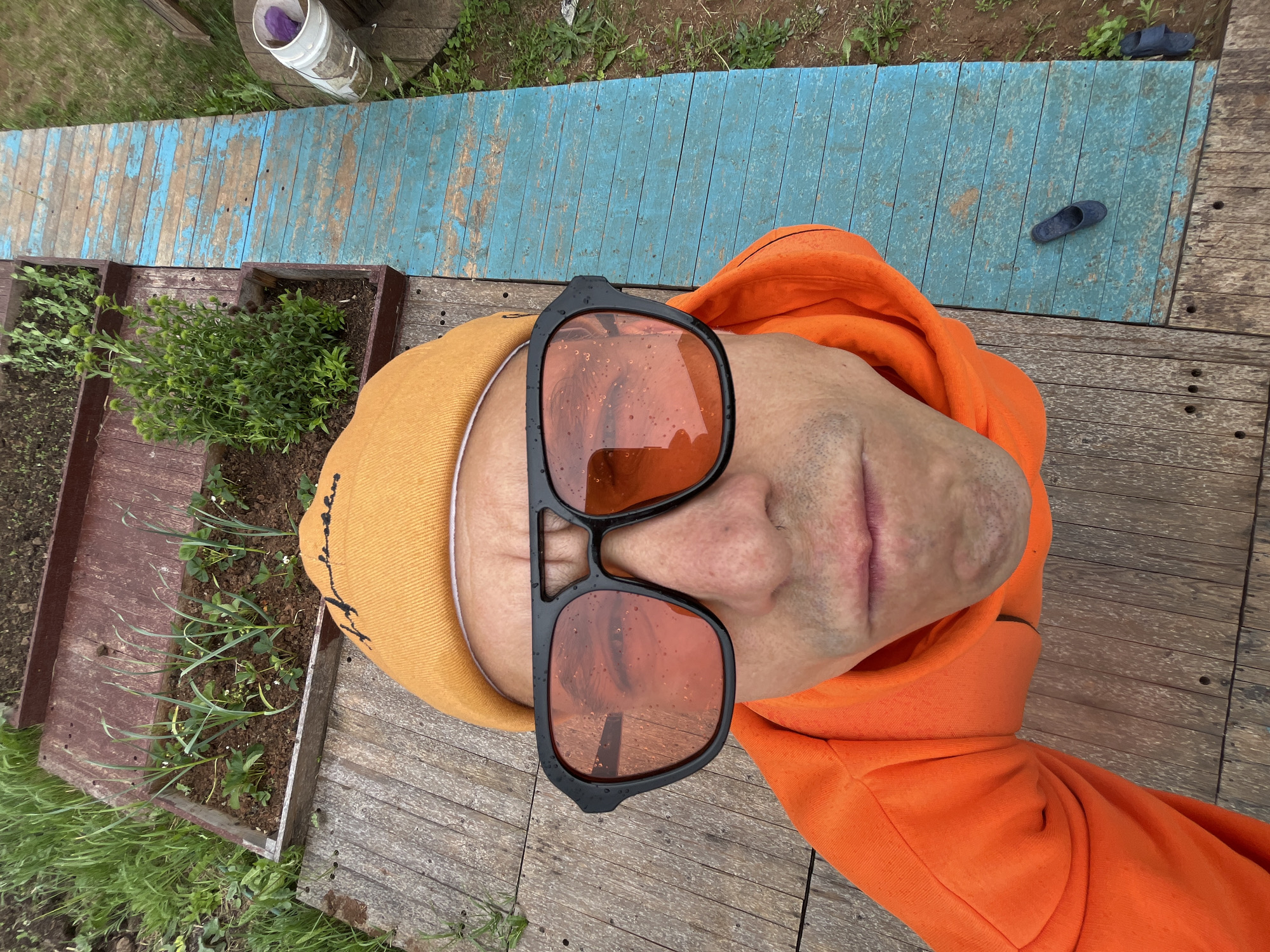 An overhead photograph captures a person in an outdoor garden or backyard setting, likely in Chaikovsky, Russia. The individual wears a bright orange hooded sweatshirt and a yellow beanie, adorned with large, black-framed sunglasses featuring orange-tinted lenses that are dotted with small water droplets, suggesting recent rain or high humidity. Only the person's nose and mouth are partially discernible through the lenses.
The foreground and background reveal a rustic environment. A wooden pathway or deck, composed of planks, some unpainted and others displaying faded and peeling blue paint, forms the ground surface. Flanking the path are raised garden beds. One bed contains rows of young green plants, possibly garlic or similar long-leafed greens, alongside some strawberry plants. Another bed holds bushier green foliage. Beyond the wooden structures, patches of green grass are visible. In the upper right corner, a single dark flip-flop rests on the blue-painted planks, while a white bucket with a purple object inside is seen in the upper left background near some grass. The scene depicts a casual daytime moment, with no discernible text or specific activity beyond being present in the garden.