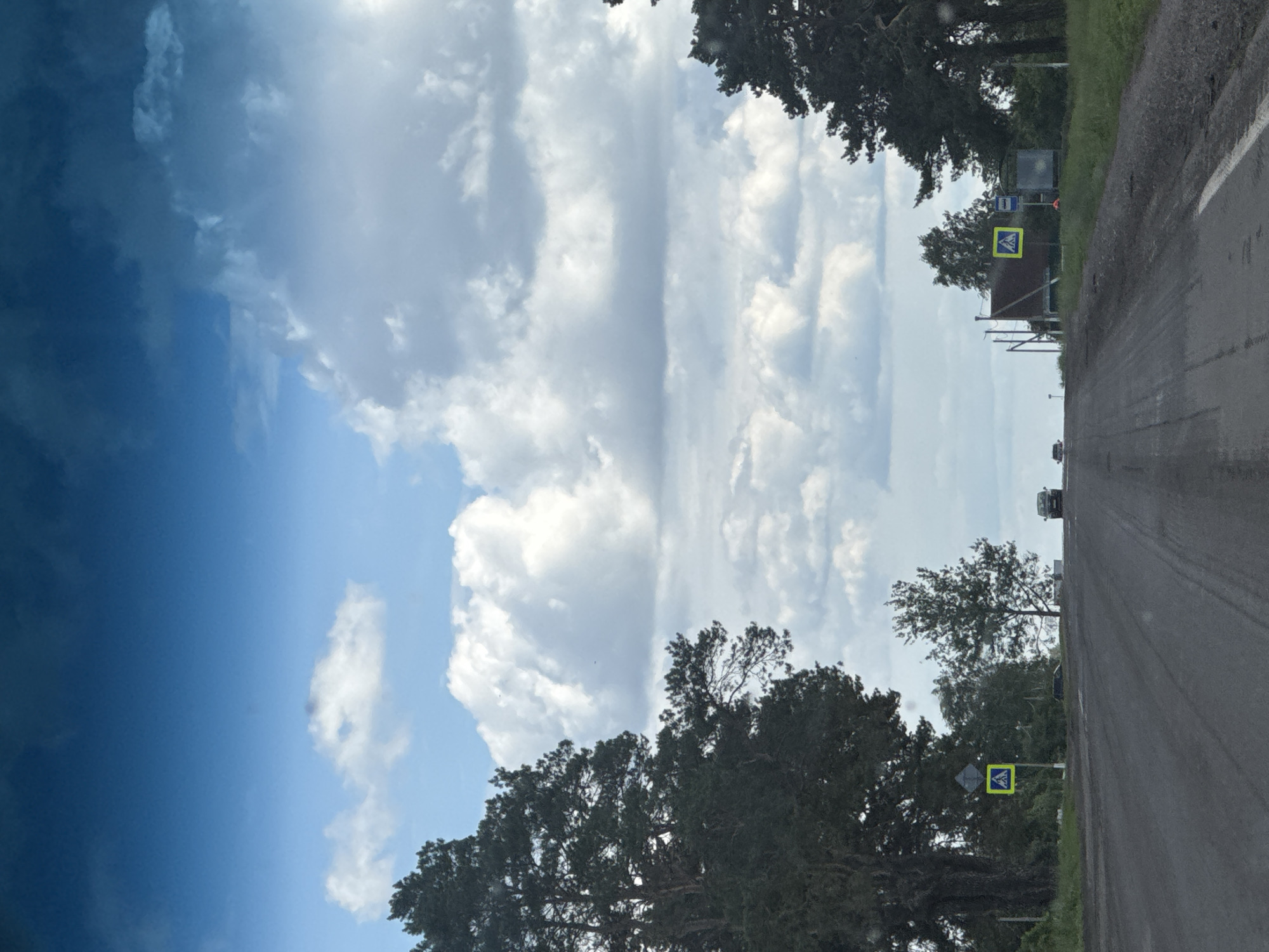 The image shows a road leading towards a distant horizon under a partly cloudy sky. On the left side of the road, a large pine tree stands prominently. Further down the road, a pedestrian crossing sign with a yellow background and a blue symbol of a person walking is visible. To the right of the pedestrian crossing sign, there is a bus stop with a shelter. A few cars are present on the road, one in the distance on the right and another on the left. The road surface appears to be asphalt and shows signs of wear, with some patches and tire marks. The surrounding environment consists of greenery and trees, suggesting a rural or semi-rural setting. The overall scene depicts a typical roadside view in a somewhat overcast day.