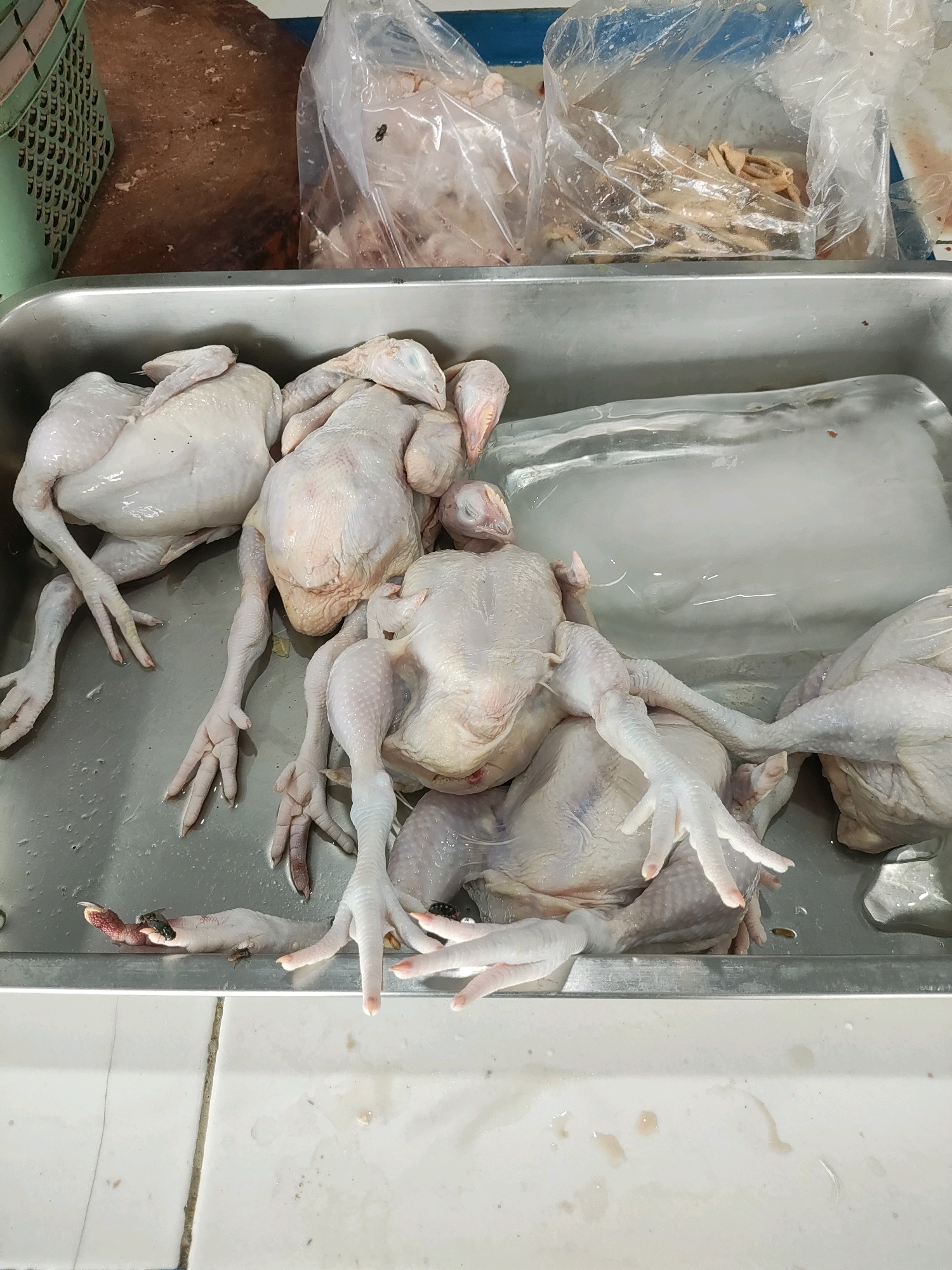 The image depicts a metal tray filled with whole raw chickens. Several chickens are visible, some with their legs and feet splayed out. A large block of ice is partially submerged in the tray. In the background, there are plastic bags containing what appear to be animal parts and a green plastic basket. The overall scene suggests a food market or processing area. Flies are visible on some of the chickens and in the background. The setting is likely a market in Wanajaya, Indonesia, given the context provided.