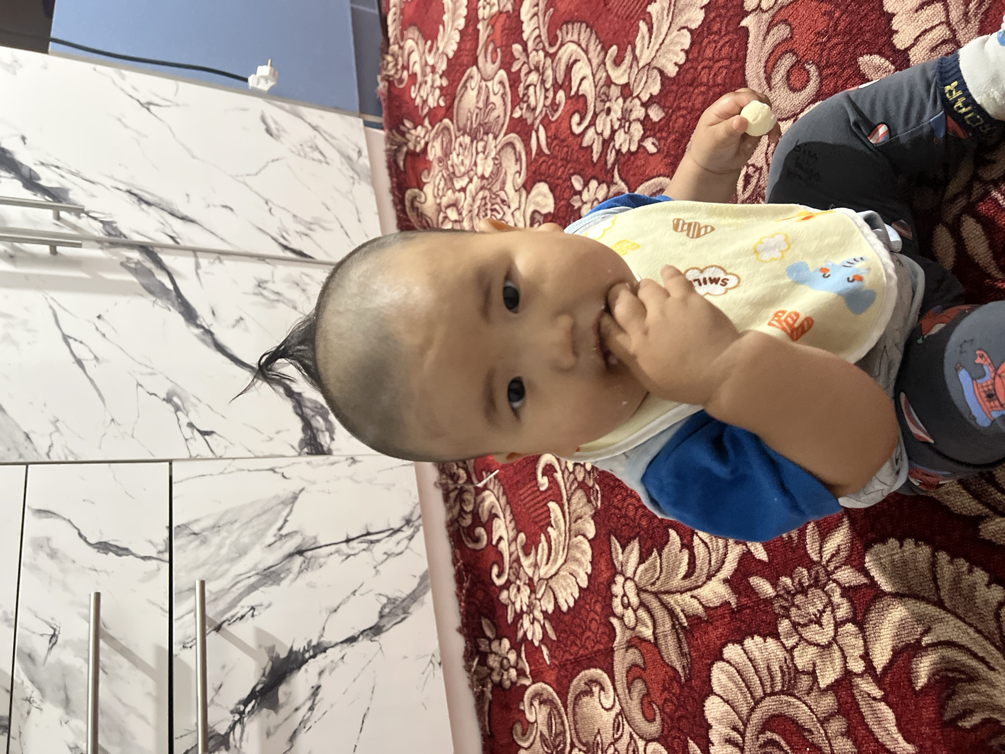 In the city of Kara-Dıykan, Kyrgyzstan, a baby sits on a red, ornately patterned rug. The baby, with a characteristic hairstyle that tapers to a point on the crown of its head, wears a blue shirt and a yellow bib adorned with cartoon animals. The baby is observed to be self-feeding, with fingers near its mouth and holding a small, light-colored object in its right hand. The background features a white cabinet with a marble-like pattern and silver handles. The scene is brightly lit, suggesting an indoor setting.