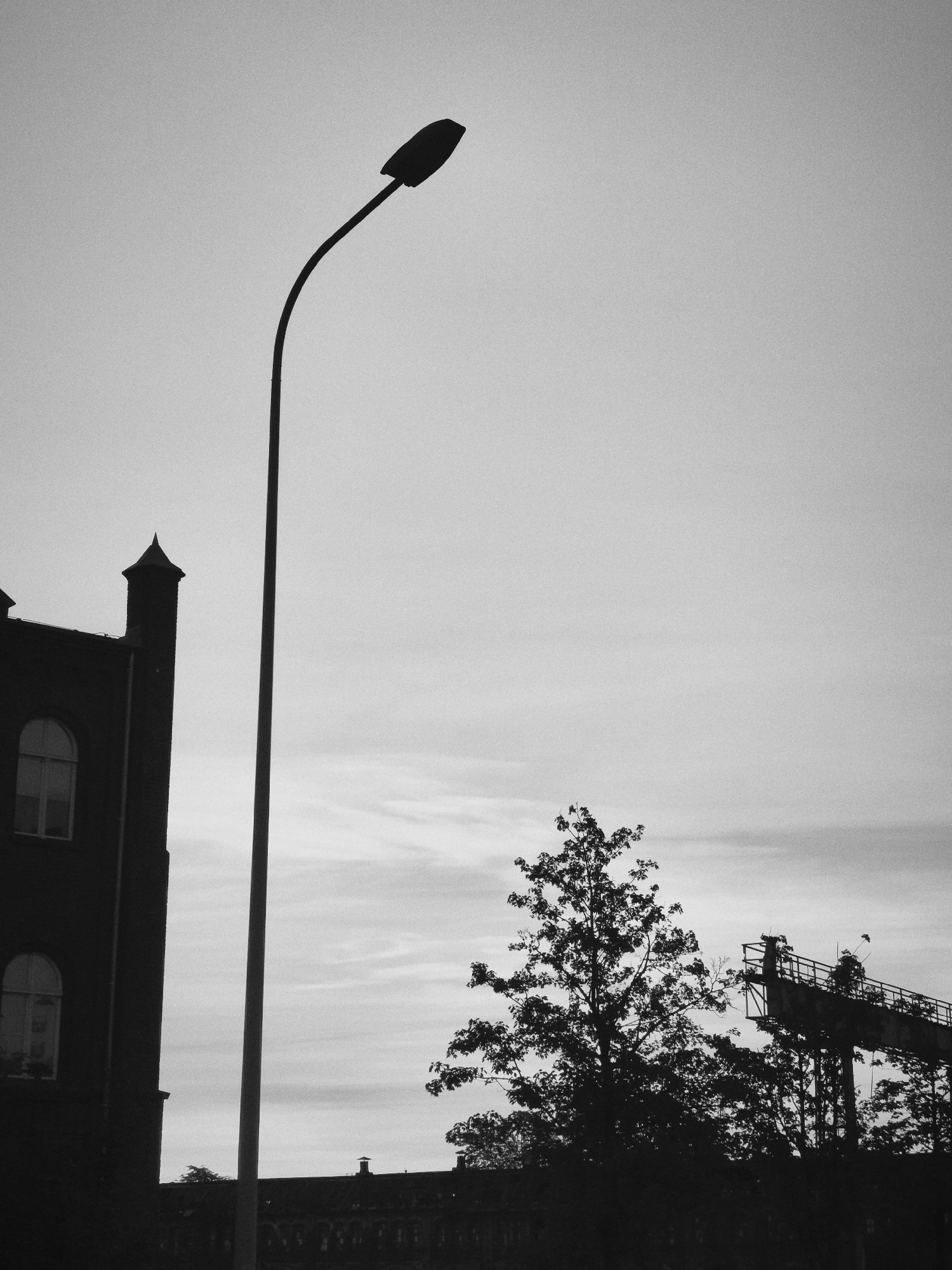 This black and white photograph captures a stark, minimalist scene against a cloudy sky. In the foreground, a tall, slender street lamp curves gracefully from the left side of the frame, its silhouette sharp against the bright sky. To the left of the lamp, the dark brick facade of a building is visible, featuring arched windows and a pointed tower-like structure. In the middle ground, a deciduous tree with a full canopy of leaves stands silhouetted. To the right of the tree, an industrial structure, possibly a conveyor belt or a gantry, is visible, also in silhouette. The overall impression is one of urban architecture and nature juxtaposed against a muted sky, suggesting an industrial or former industrial area of Gdańsk, Poland. No people are visible in the image.