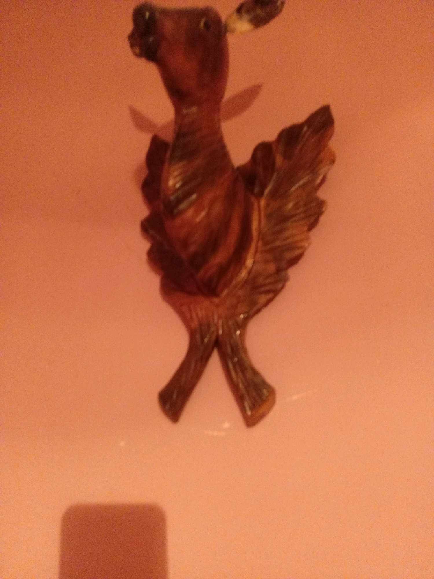 A close-up, blurry, overhead shot shows a carved wooden ornament resembling a bird with its wings spread. The ornament is brown with darker wood grain details. The background is a solid peach color. A blurry shadow of what appears to be a phone is visible at the bottom of the image. The location of this object within the city of Tiachiv, Ukraine, is unknown.