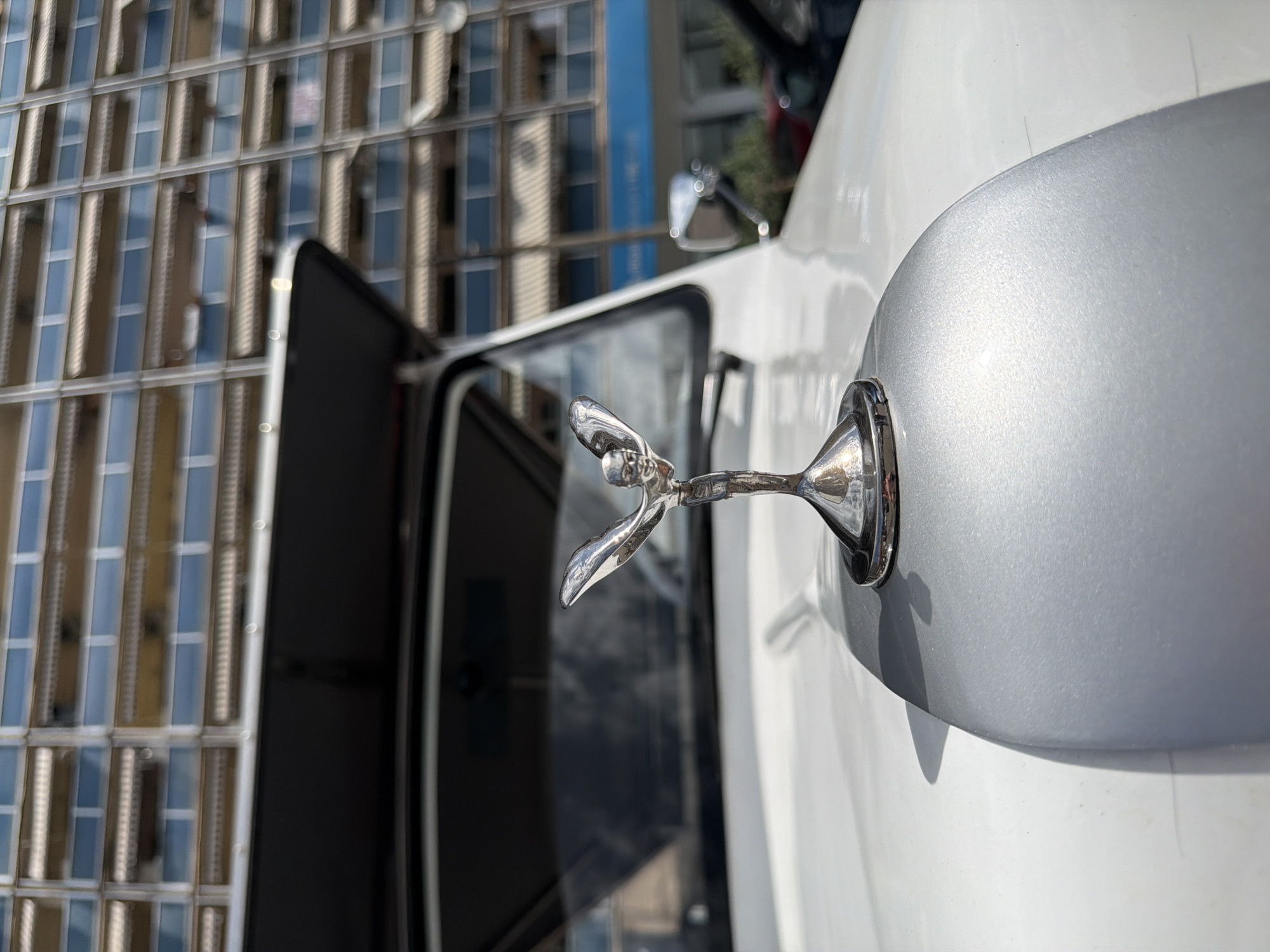 A close-up, low-angle, outdoor shot focuses on the silver hood ornament of a white car, with a blurred background of a building in Tbilisi, Georgia. The ornament, a female figure with outstretched arms, is highly polished and reflects light. The car's hood is also white and shiny, with a prominent silver stripe running down its center. The building in the background is modern, with rows of windows and awnings, suggesting an urban environment. The lighting indicates it is daytime, with shadows cast by the car's hood ornament.