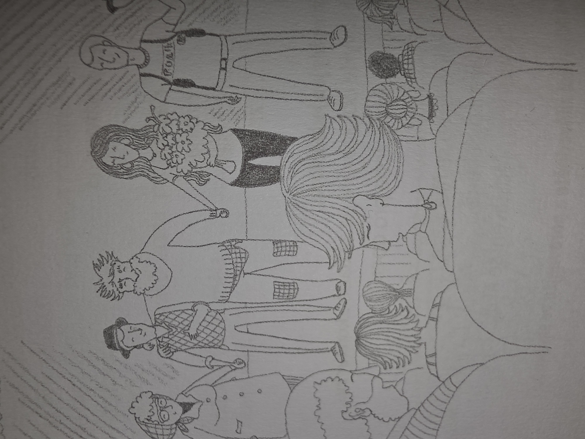 This is a pencil sketch depicting a group of five people standing and holding hands on a stage, with an audience seated in front of them. The people on stage appear to be an older woman with glasses and a headscarf, a man in a hat and vest, a bearded man in a sweater with patched pants, a woman holding a bouquet of flowers, and a man wearing a t-shirt with "POLKA" written on it and a backpack. The audience members are mostly depicted from the back, with their hairstyles and shoulders visible. The scene is rendered in a simple, illustrative style with heavy use of hatching for shading and texture. The background of the stage is indicated by a series of diagonal lines. The overall impression is of a performance or a gathering. The location is Unknown, Unknown.