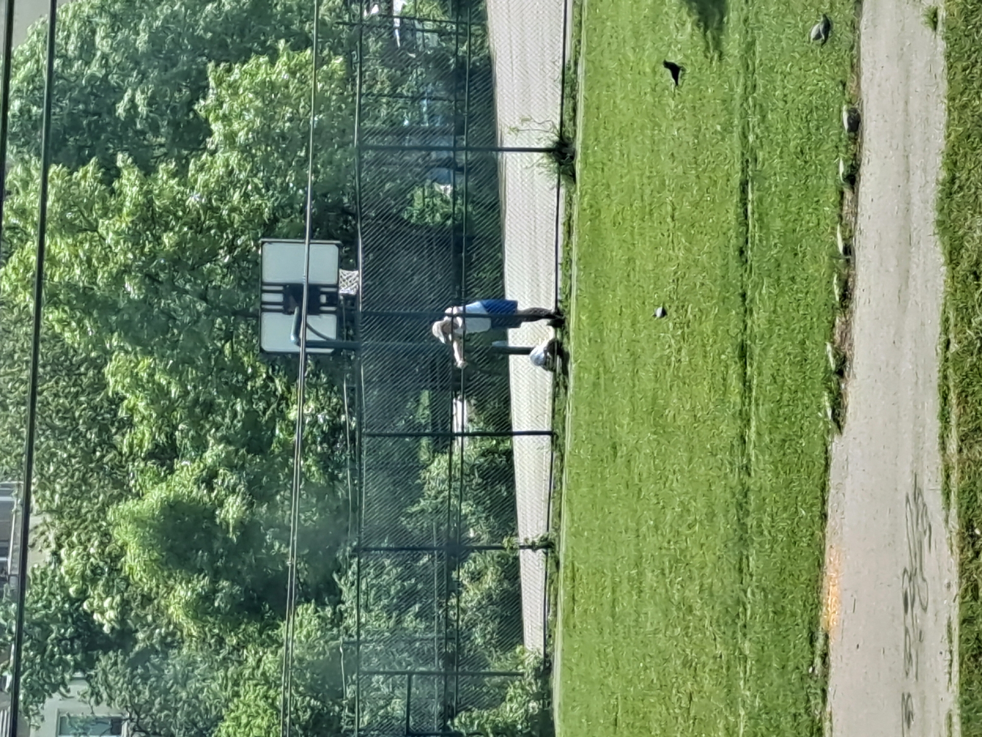 The image shows an outdoor basketball court with a person stretching near the fence. The court is surrounded by green trees and grass. A gray path is adjacent to the grass. The location appears to be in Sofia, Bulgaria, based on general architectural styles and the vegetation.