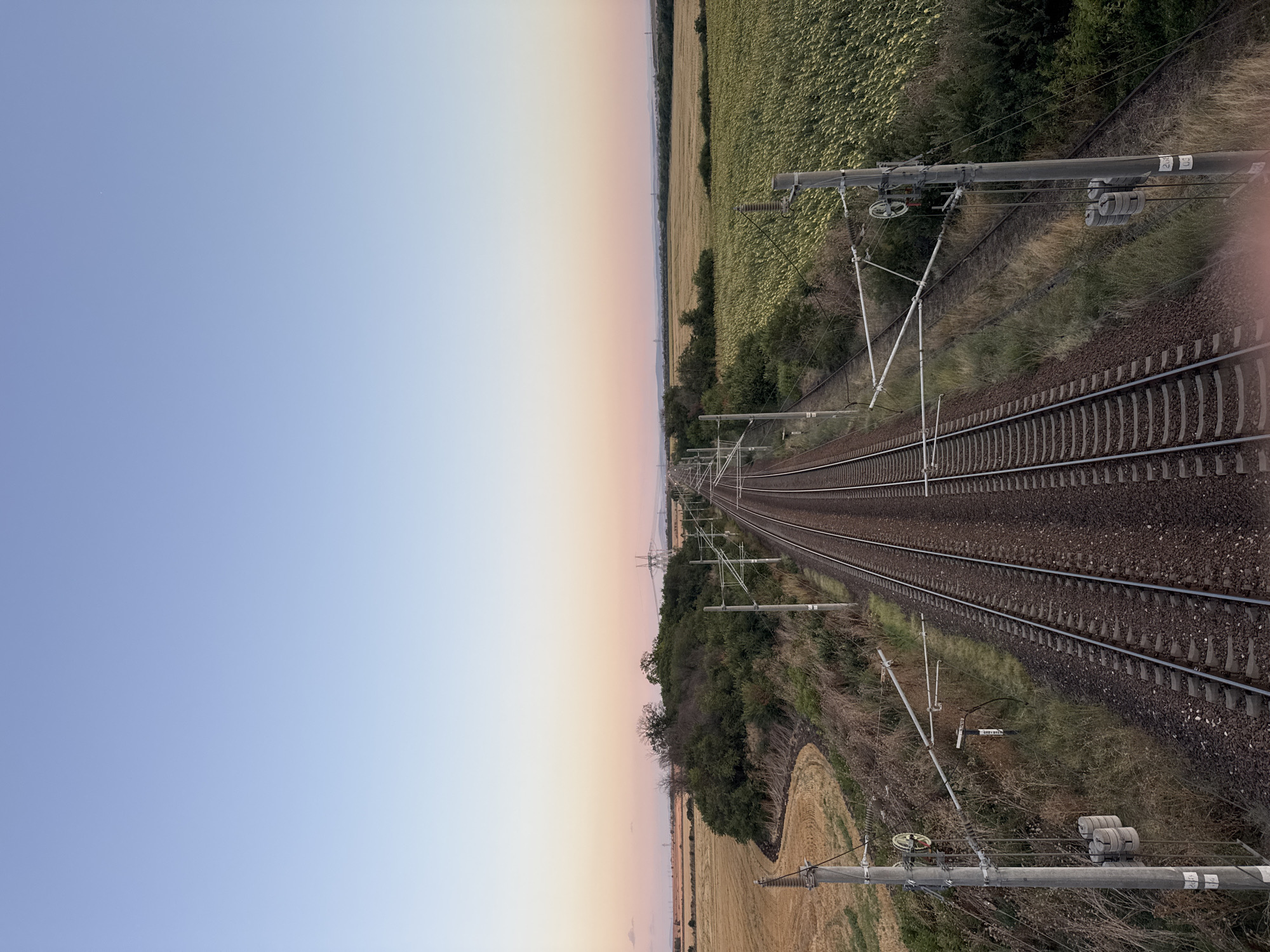 The image captures a railway track cutting through a rural landscape near Bulgarovo, Bulgaria, at dusk. The sky displays a gradient of pale blue to soft pink and orange, indicating the setting sun. Two parallel railway tracks dominate the center of the frame, stretching towards the horizon. They are flanked by fields on either side. To the left, a harvested field of golden straw is visible, bordered by a curve of dry grass and a small, densely vegetated hillock. To the right, a field of green crops, possibly sunflowers, stretches out. Overhead, power lines supported by concrete poles run parallel to the tracks, providing electricity for the trains. The overall scene is one of quiet tranquility, with no people or moving vehicles visible. The image appears to have been taken from an elevated position, possibly a bridge or overpass, looking down onto the railway line.
