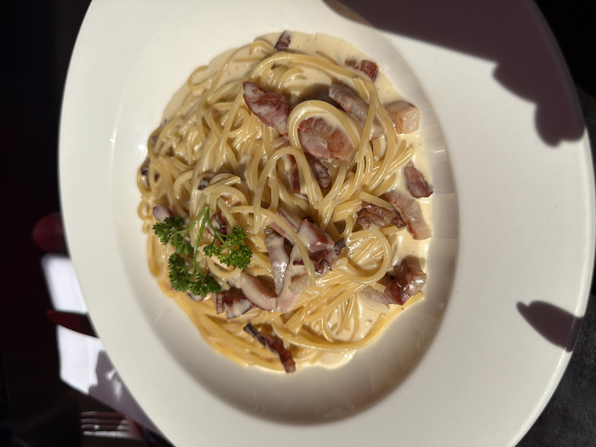 A top-down shot of a plate of pasta carbonara. The pasta is spaghetti, coated in a creamy sauce, and interspersed with bacon pieces. A small garnish of parsley sits on the left side of the plate. The pasta is served on a white plate. The photograph was taken outdoors, as a shadow is visible in the upper right corner of the plate. It is impossible to know if this image was taken in the city of Guildford, United Kingdom.