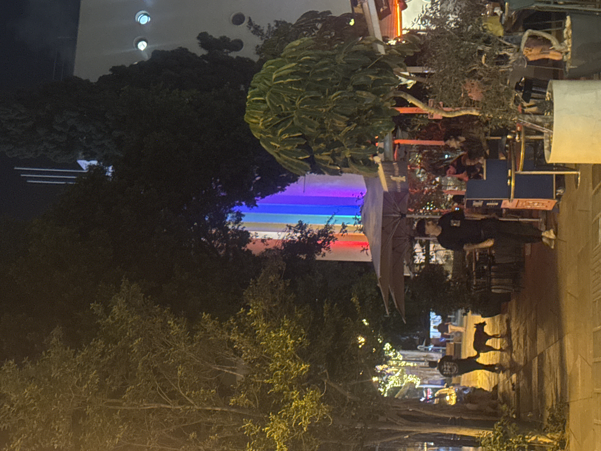 The image shows a nighttime scene in Ramat Gan, Israel. The main focus is a building illuminated with rainbow-colored lights. In the foreground, there's a sidewalk with people walking, and two dogs are visible. Outdoor seating areas, like a café or restaurant, are present, with patrons seated at tables. Trees line the street, and some are decorated with small lights.