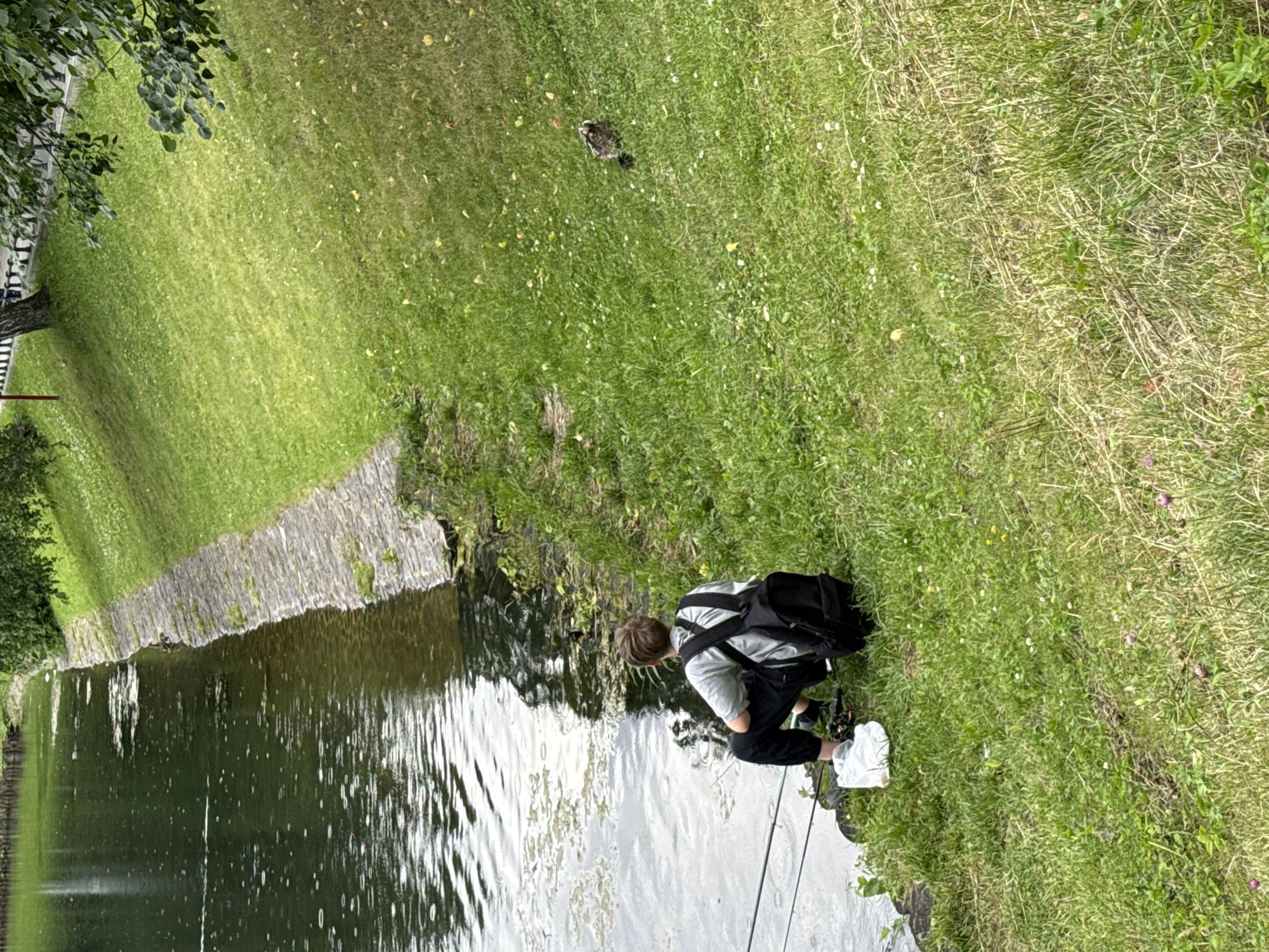 A lone person sits on a grassy bank, fishing in a calm body of water. The person, wearing a light grey t-shirt, black pants, and a black backpack, is positioned to the left of the frame, facing the water. Two fishing rods are visible, extending from the bank into the water. To the right of the frame, a duck walks on the grassy incline. The environment is a park-like setting with a stone-lined embankment separating the water from a sloping, grassy hillside dotted with small white flowers. The water's surface shows ripples, suggesting a light breeze or the falling of small objects, possibly raindrops. The overall scene depicts a peaceful, solitary activity within a natural urban environment. The presence of a stone-lined embankment and the well-maintained grassy slopes are characteristic of many parks and waterfront areas in Moscow, Russia.