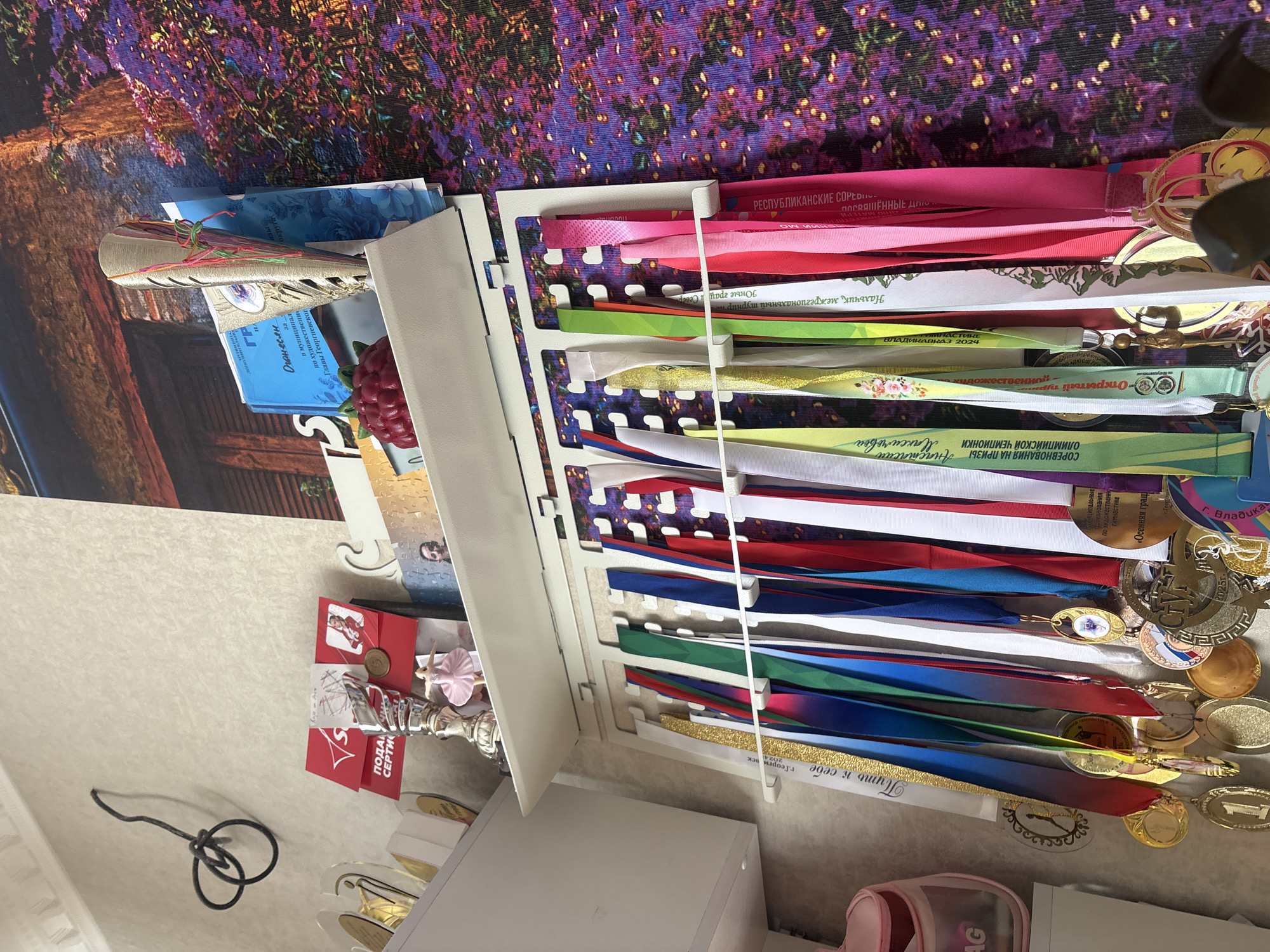 The image shows a close-up of a wall in what appears to be a home. Several medals on colorful ribbons are hanging from a white rack. Above the medals, on a shelf, are various awards, including trophies and a red gift box. Behind the shelf, a vibrant, textured tapestry with a floral pattern is visible. The overall impression is of a display of achievements. The presence of the tapestry, which is a common decorative item in homes, along with personal awards, suggests this is likely a domestic setting. The information about the city of Georgiyevsk, Russia, is not discernible from the visual content of the image itself.
