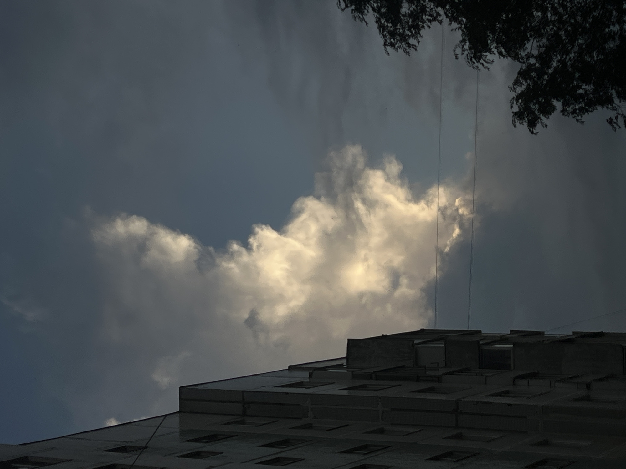 The image depicts a low-angle view of a residential building against a dramatic sky, likely Ulyanovsk, Russia. A large, grey apartment building dominates the left side of the frame, its facade showing rows of windows and balconies. The sky is a mix of dark, ominous clouds and a patch of brightly lit white clouds in the center, suggesting the sun is breaking through. In the lower right, the silhouette of dark green foliage from a tree is visible. Two thin, dark horizontal lines, likely power lines, are stretched across the sky. The overall atmosphere is somber and moody, possibly indicating approaching rain or the aftermath of a storm. There are no people or animals visible in the image. The scene appears to be captured during twilight or a heavily overcast day.