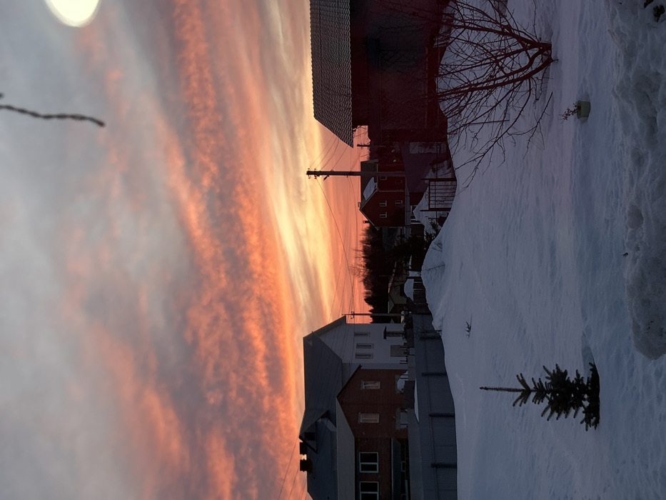 The image displays a winter landscape in Ольховка, Russia, during twilight. The upper portion of the frame is filled by a sky featuring horizontal cloud formations streaked with vivid orange, red, and pink hues, fading to lighter grey towards the top. The foreground consists of an expanse of undisturbed snow, forming irregular mounds. A small, dark green conifer tree is centrally positioned in the snow. To the right, a bare deciduous shrub is partially obscured by snow, with a small, light-colored pot visible at its base.
In the midground, a residential scene unfolds. On the left, a two-story house features a grey pitched roof, a light-colored upper facade, and a reddish-brown brick lower section, separated from the foreground by a dark grey corrugated metal fence. A dark utility pole with multiple power lines extending horizontally is visible in the center-right. Further right, a portion of another house with a reddish-brown tiled roof is visible, mostly in shadow, behind a dark metal fence. A distant dark tree line is silhouetted against the horizon. No persons are present. A bright, circular lens flare or reflection is visible in the upper right corner, and a dark, thin, out-of-focus object descends from the top center of the frame.