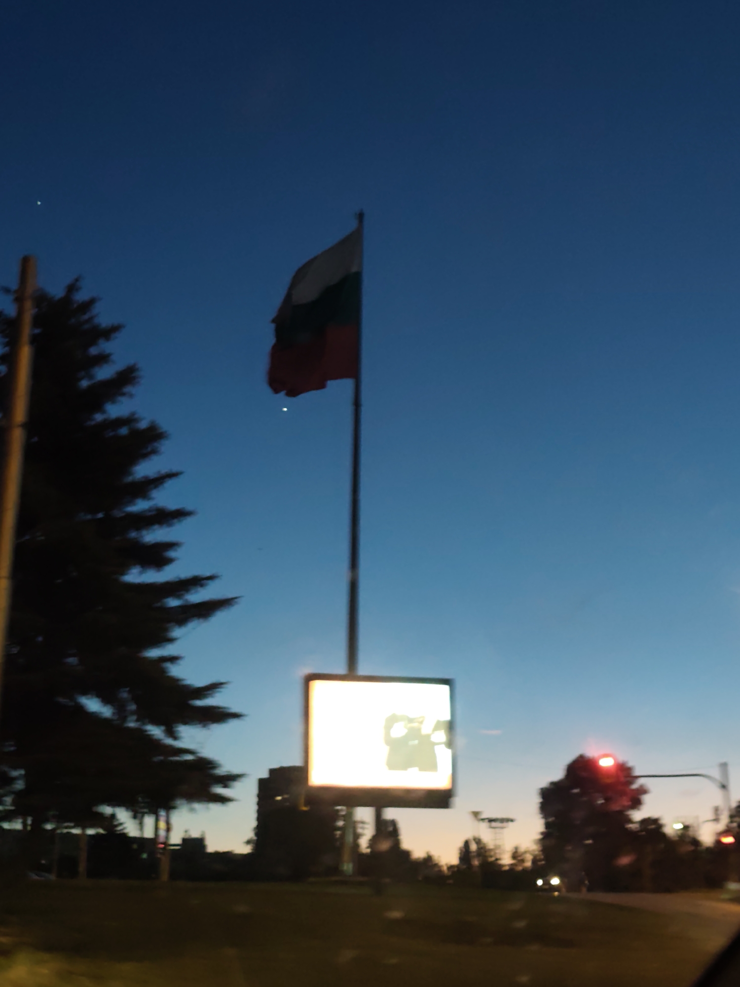 The image shows a view from a vehicle on a street in Sofia, Bulgaria at dusk. The Bulgarian flag is prominently displayed on a tall pole. Below the flag is a bright square advertising display. The sky is transitioning from blue to orange. A large pine tree is visible to the left. A traffic light is red to the right. Other vehicles are present in the background with visible headlights.
