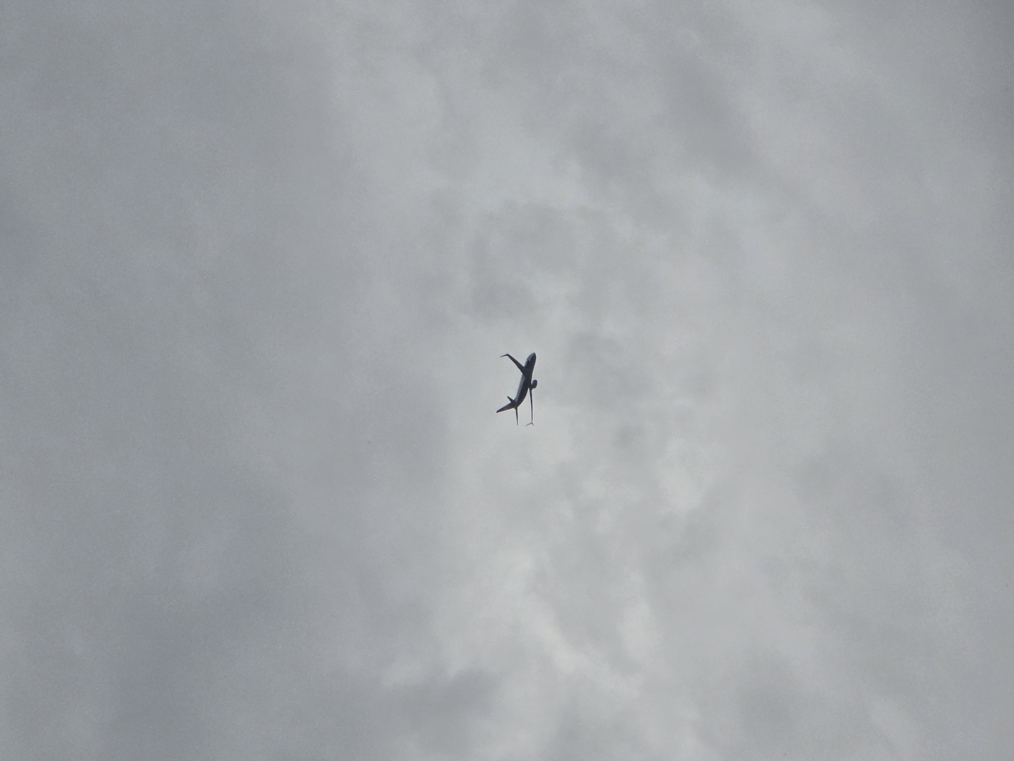 The image displays an airplane in flight against a predominantly gray, overcast sky. The aircraft is positioned vertically in the center of the frame, appearing as a dark silhouette against the lighter cloud cover. Its wings are visible, extending outwards, and the tail section is also clearly discernible. The airplane's orientation suggests it might be ascending or flying at a steep angle, or the photograph was taken from a specific ground perspective looking upwards.
The sky is filled with thick, uniform gray clouds, indicating an overcast day with no direct sunlight visible. There are no clear breaks in the clouds, creating a muted and subdued atmospheric setting. No other objects or landscape features are present in the image, emphasizing the isolation of the aircraft in the vast sky. The time of day is not precisely identifiable due to the lack of sun, but the overall light suggests daytime. There is no visible text. The scene is likely taking place above Podgorica, Montenegro, given the provided context.