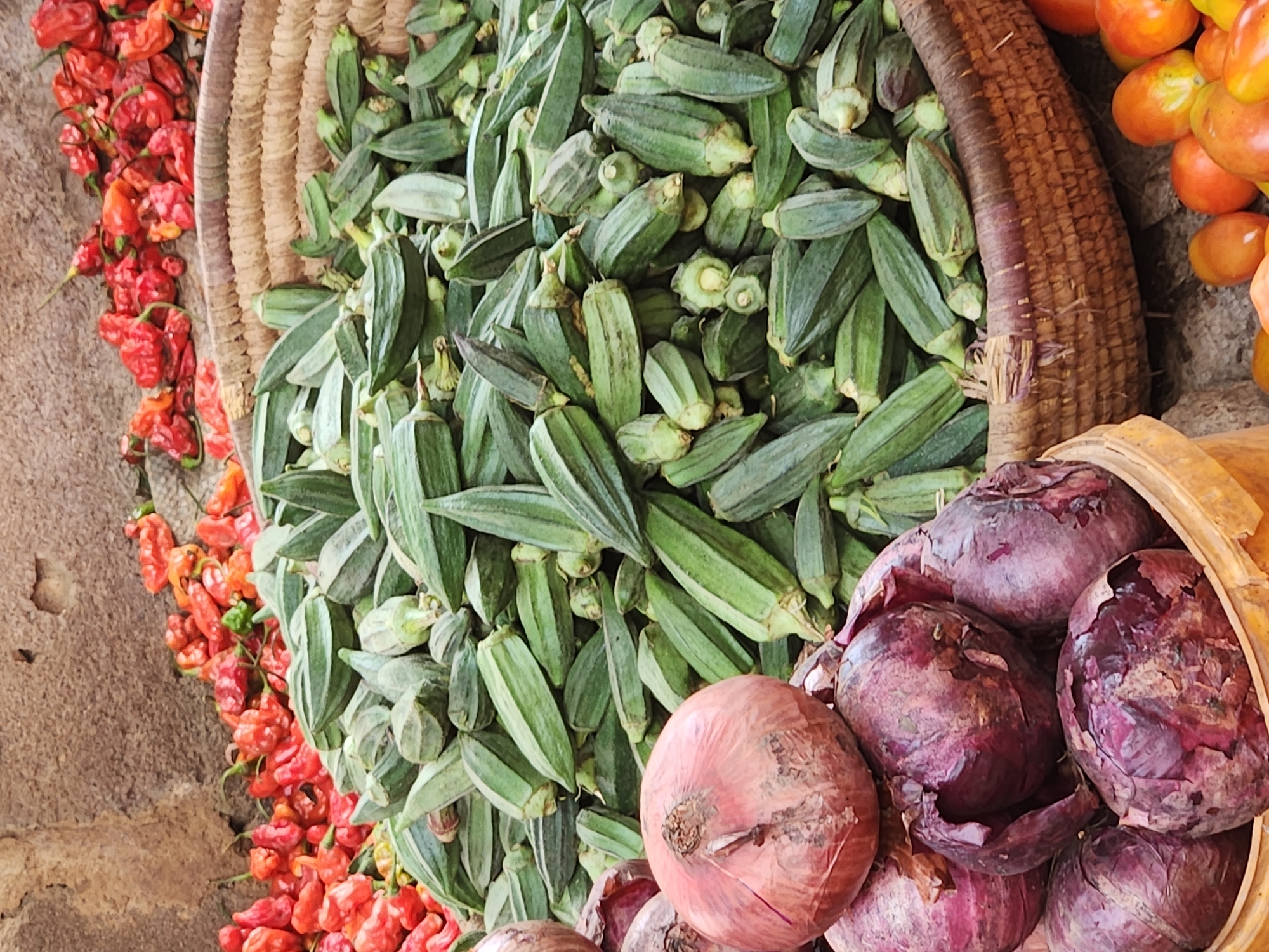 In Sabon Tasha, Nigeria, a close-up, high-angle shot captures a vibrant market stall overflowing with fresh produce. Dominating the foreground are several large, deep-red onions piled high in a light-colored basket. Behind the onions, a woven basket overflows with a generous mound of green okra pods, their ridged surfaces clearly visible. To the left and behind the okra, a scattering of small, wrinkled red peppers adds a pop of intense color to the scene. In the lower right, a few ripe tomatoes, varying in shades of orange and red, are visible. The background consists of a rough, textured wall, suggesting an outdoor market setting. The lighting is natural, casting subtle shadows and highlighting the textures of the vegetables. There are no people visible in the frame.