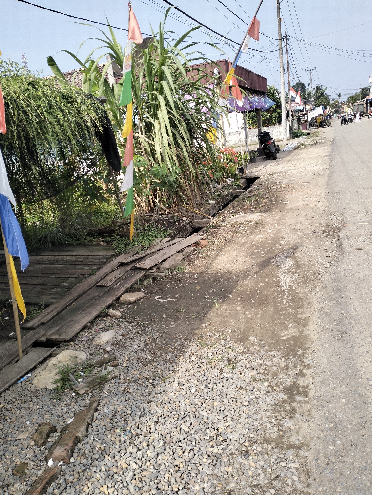 The image shows a roadside scene in the city of Pematang Lumut, Indonesia. A paved road runs diagonally from the upper right to the bottom left of the frame. The road is flanked by a narrow, gravelly shoulder on the right and a mixture of vegetation, wooden planks, and a drainage ditch on the left. Several flags, including Indonesian flags (red and white), are visible, attached to poles and fluttering in the breeze, suggesting a festive occasion or commemoration. Sugarcane stalks and other green foliage are abundant along the left side of the road. A black motorcycle is parked near the edge of the road. In the background, several buildings, possibly shops or residences, can be seen, along with more vegetation and utility poles. A few people and other motorcycles are present further down the road in the distance, indicating that this is an active area. The sky is clear and blue. The wooden planks appear to form a makeshift walkway or bridge over the ditch. The overall impression is a rural or semi-urban street scene in Indonesia.