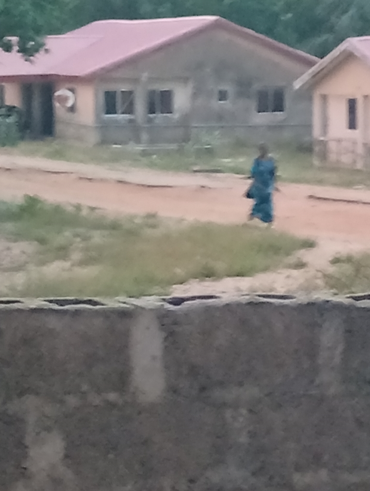 The image shows a dirt road lined with grass and vegetation. A woman in a blue dress is walking along the road. In the background, there are several single-story buildings with pitched roofs. A gray concrete wall is in the foreground. The location appears to be a residential area in the city of Unknown, Unknown.