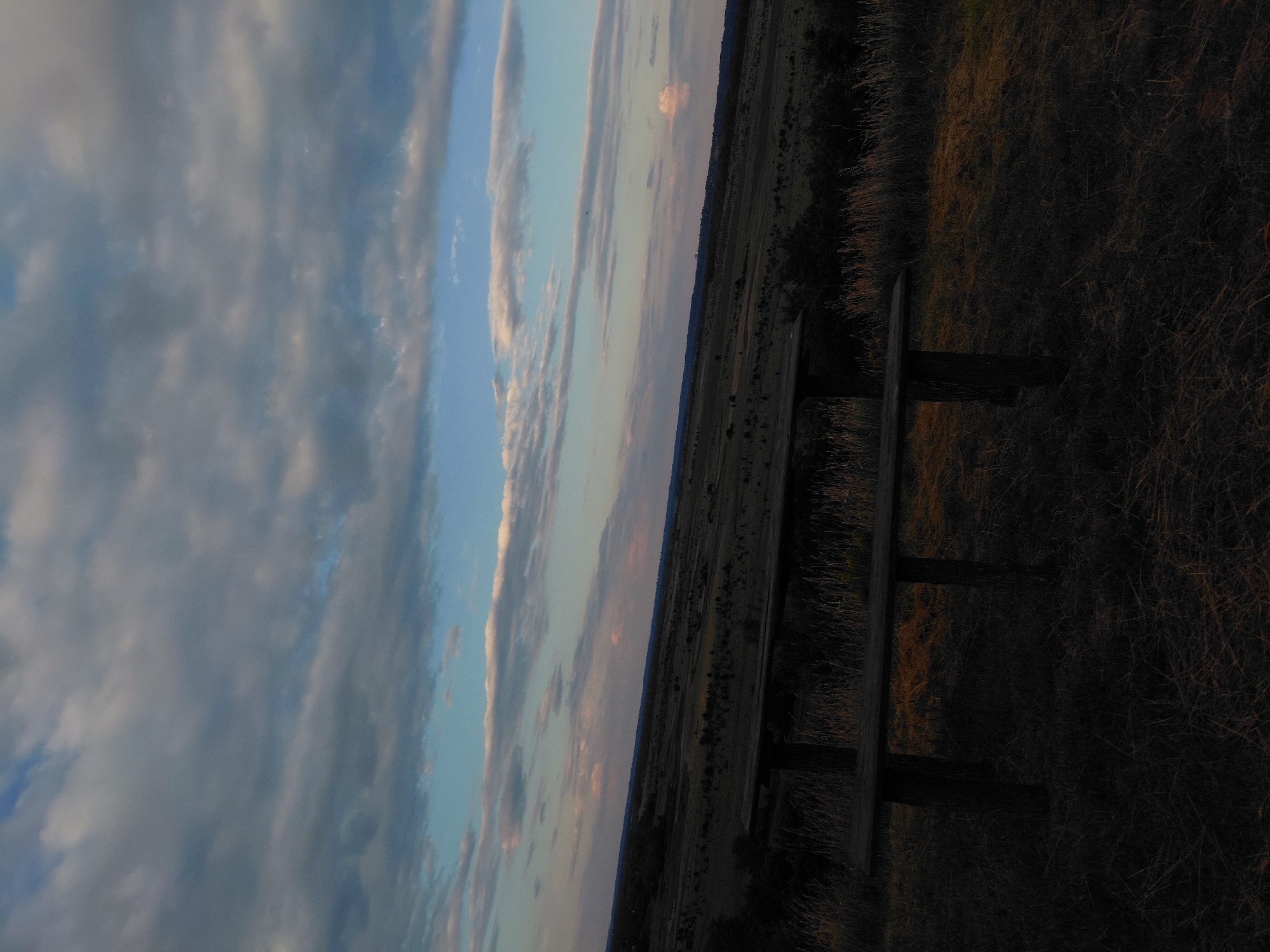 A view of a bench in a field with a cloudy sky. The bench is made of dark wood and appears to be old. The field is covered in dry grass and some sparse bushes. The sky is filled with a mixture of gray and white clouds, with patches of blue sky visible between them. The image appears to have been taken at sunset or sunrise, as the lighting is soft and the colors are muted. The location is described as Unknown, Unknown, indicating that the specific city and country are not identified.