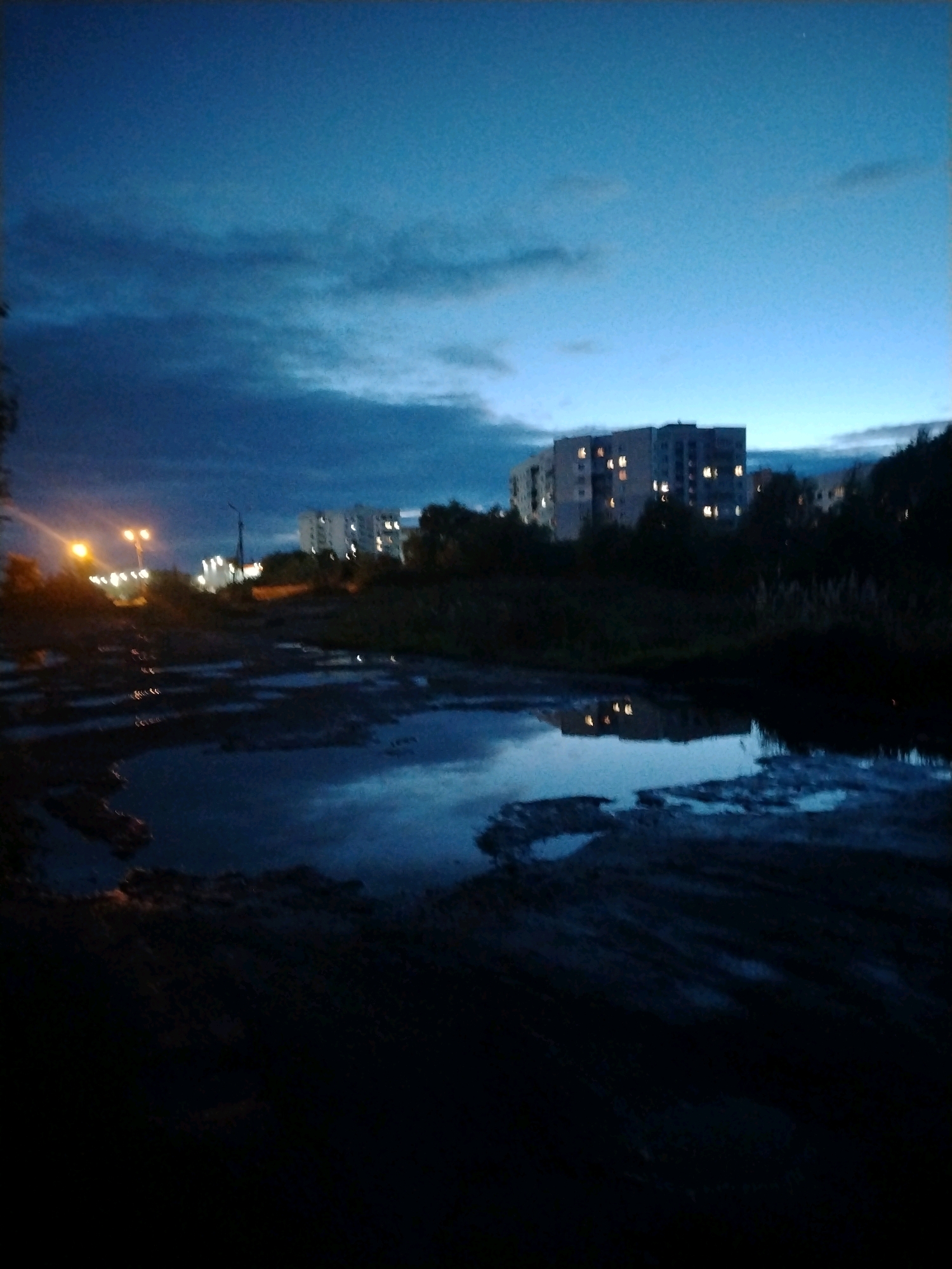 The image depicts a dark, twilight scene in what appears to be a residential area on the outskirts of Yaroslavl, Russia. In the foreground, a muddy, uneven ground is marked by several puddles reflecting the dim light. In the mid-ground, a cluster of multi-story apartment buildings are visible with lights on in some windows, suggesting the presence of residents. These buildings are situated amidst trees and vegetation. To the left, streetlights cast a yellowish glow. The sky is a deep blue, with some scattered clouds. The overall impression is one of a quiet evening in a typical urban or suburban setting.