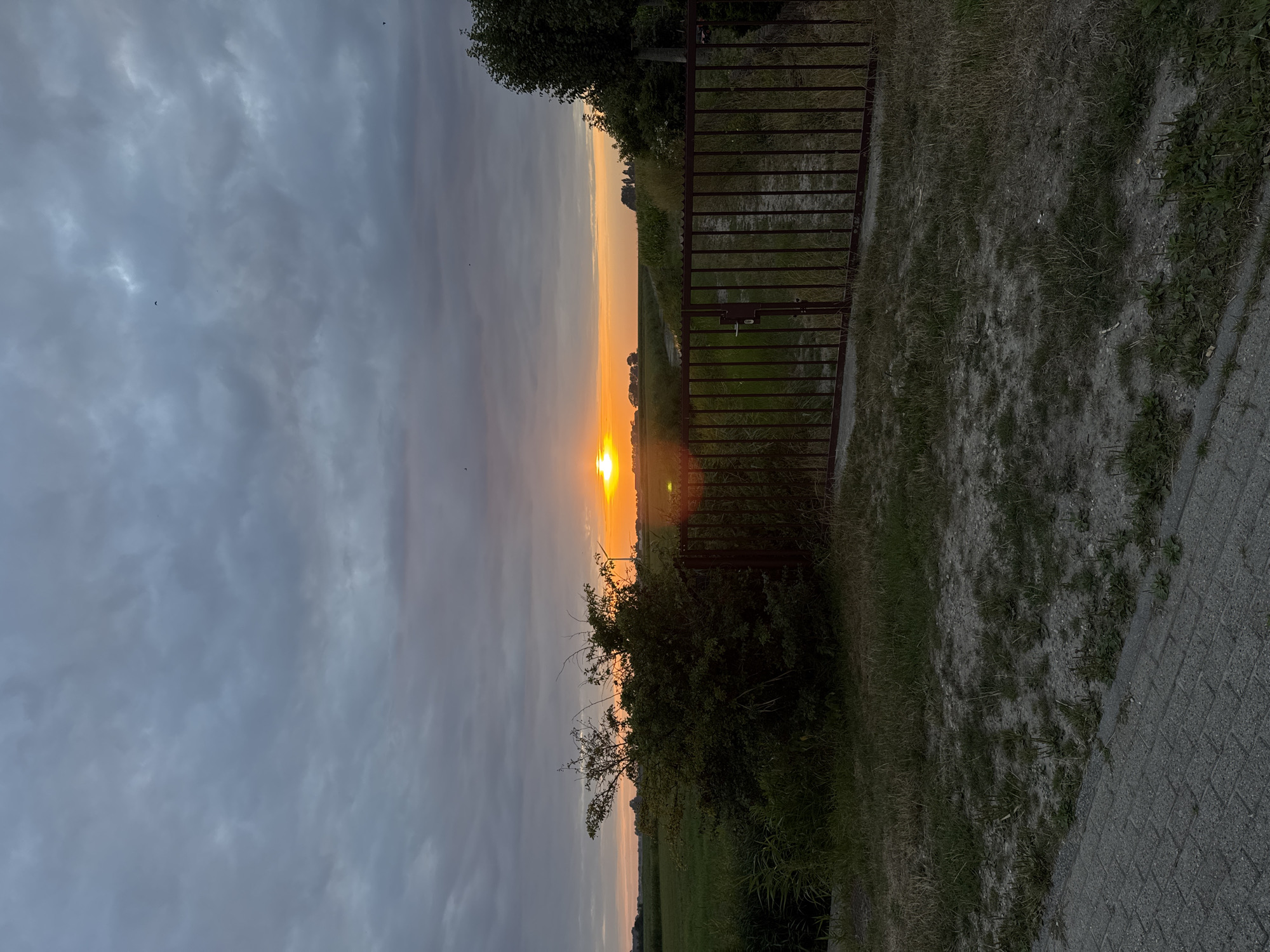 This is a landscape photograph taken at dusk in Pingjum, Netherlands. The image captures a sunset over a flat, rural landscape. The sky is filled with dramatic, dark grey clouds, with the sun breaking through near the horizon, casting an orange glow. In the foreground, there is a dark red metal gate that appears to be the entrance to a pathway. To the left of the gate is a large, dense bush with thorny branches. The ground in front of the gate is a mixture of gravel and sparse grass. Beyond the gate, a dirt path leads into a green field. In the distance, silhouetted trees and structures, possibly including a wind turbine, are visible against the bright sunset sky. The overall atmosphere is serene and atmospheric, typical of a Dutch rural sunset.
