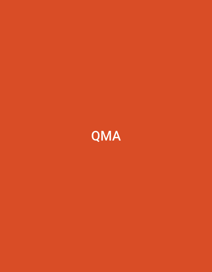 The image displays the capitalized white letters "QMA" centrally positioned on a solid, uniform orange background. This minimalist graphic pertains to Casablanca, Morocco. No other subjects, objects, people, or environmental details are present in the scene, which consists solely of the white text against the flat orange field.