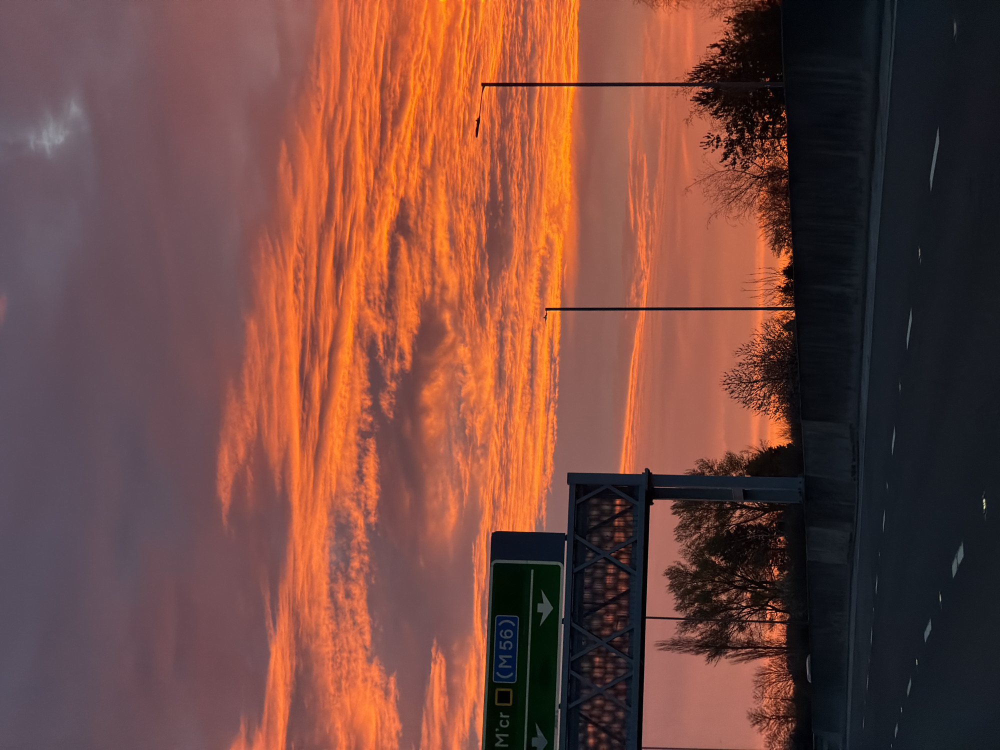 The image shows a sunset view from what appears to be a highway or motorway in the United Kingdom. The sky is filled with vivid orange and pink clouds. On the right side of the image, the dark asphalt of the road is visible, marked with white lane dividers. A grey concrete barrier separates the road from the roadside vegetation, which includes bare trees. Lamp posts stand along the roadside. A green road sign with white lettering directs traffic towards the M56 motorway. Based on the road sign indicating the M56 motorway, this photo was likely taken near Manchester, not Garden City, United Kingdom. There are no people visible.