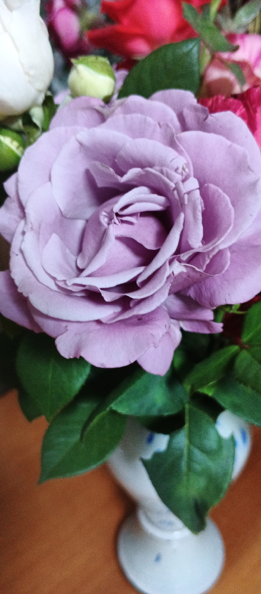 This is a close-up, vertical, indoor shot of a bouquet of roses in a white vase. The primary subject is a large, lavender rose with many layered petals, filling most of the frame. Behind it, hints of other roses in red and pink, and a white rosebud are visible. Green leaves are also present. The vase is white with blue speckles and rests on an orange surface, likely a table. The background is blurred. There is no information provided that allows for the determination of the location within the city of Smila, Ukraine.