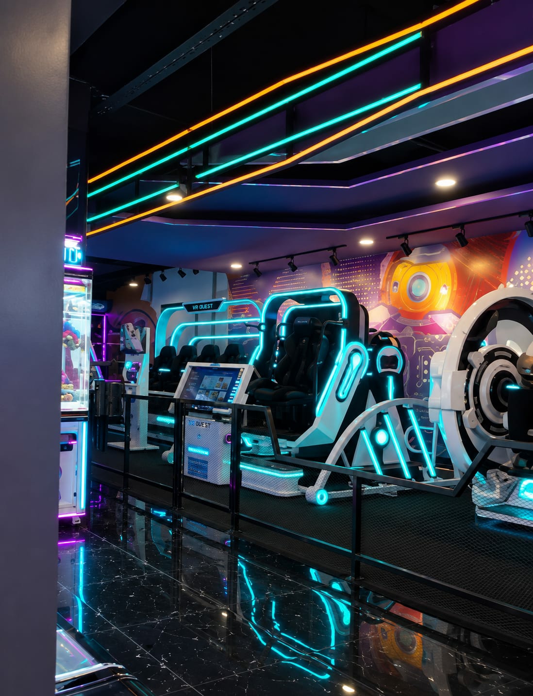 The image depicts the interior of a virtual reality (VR) arcade, likely located in the city of Medan, Indonesia. The environment is characterized by a futuristic and high-tech ambiance, with extensive use of neon and LED lighting in vibrant colors like blue, teal, and orange.
The main subjects are several VR gaming stations. These stations feature individual pods or seats designed for immersive VR experiences, complete with controls and visual displays. In the foreground, a polished black marble floor reflects the colorful lights, creating a dynamic and visually striking effect. A black metal railing separates the VR stations from the viewing area.
On the left side of the image, a claw machine arcade game is partially visible, adorned with bright neon lights, suggesting a broader entertainment arcade setting. The ceiling is dark, with exposed beams and further neon lighting strips that enhance the futuristic aesthetic. Wall murals or digital displays are visible in the background, adding to the overall theme.
There are no people clearly visible in the image, focusing the attention on the elaborate setup of the VR gaming machines and the surrounding environment. The scene appears to be clean and well-maintained, ready for customers. The overall impression is that of an entertainment venue designed to offer exciting and engaging virtual reality experiences.