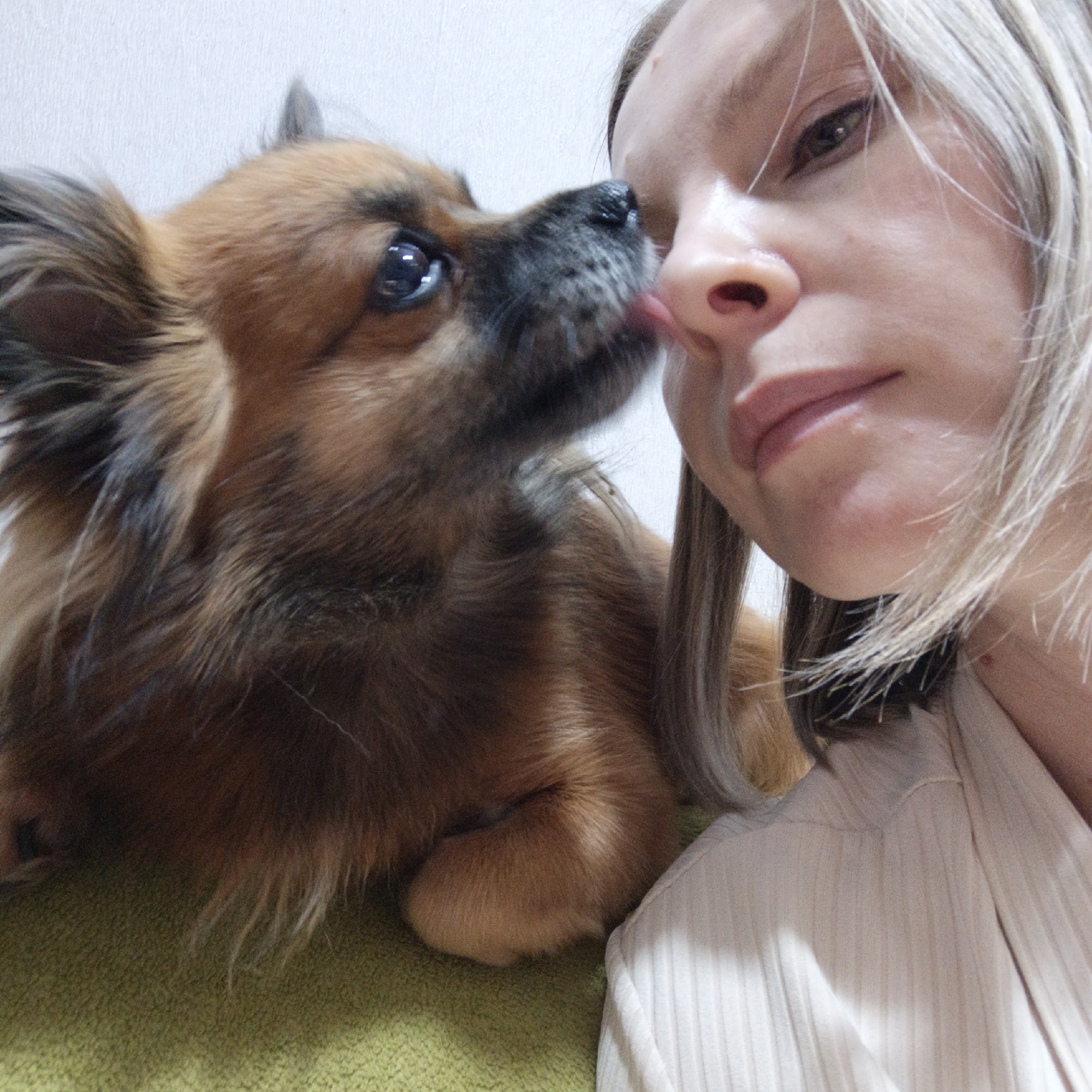 A woman is posing for a selfie with a small brown and black dog. The dog is licking the woman's nose. The woman has blonde hair and is wearing a light-colored shirt. The background is a plain white wall. The scene appears to be indoors. There is no indication of the location in the city of Chaikovsky, Russia.