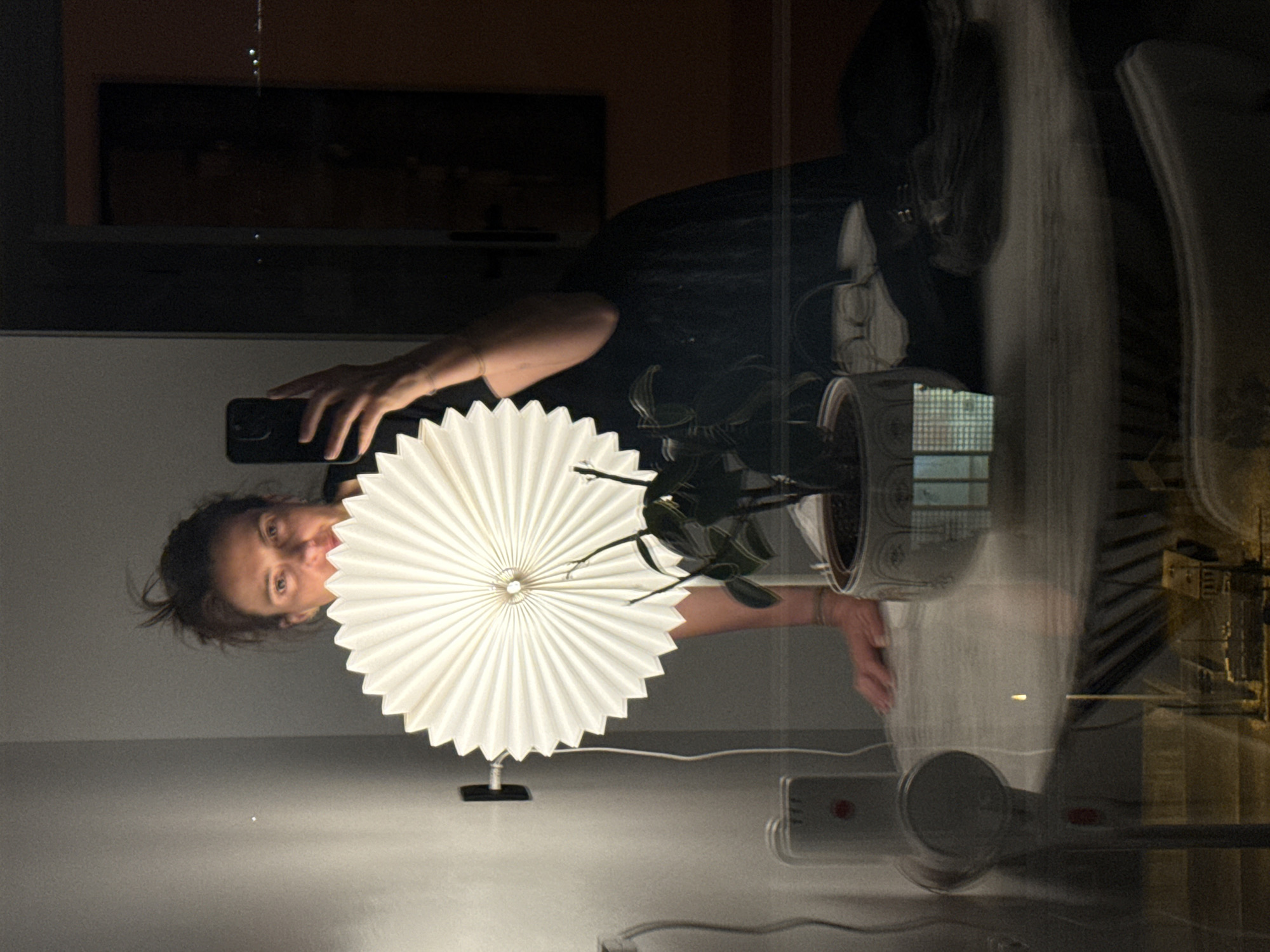 The image depicts a person reflected in a window. The person is holding a smartphone in one hand and a white paper lampshade in the other. A potted plant is on the table in front of the window. The reflection in the window shows a blurred cityscape, possibly of Loures, Portugal.