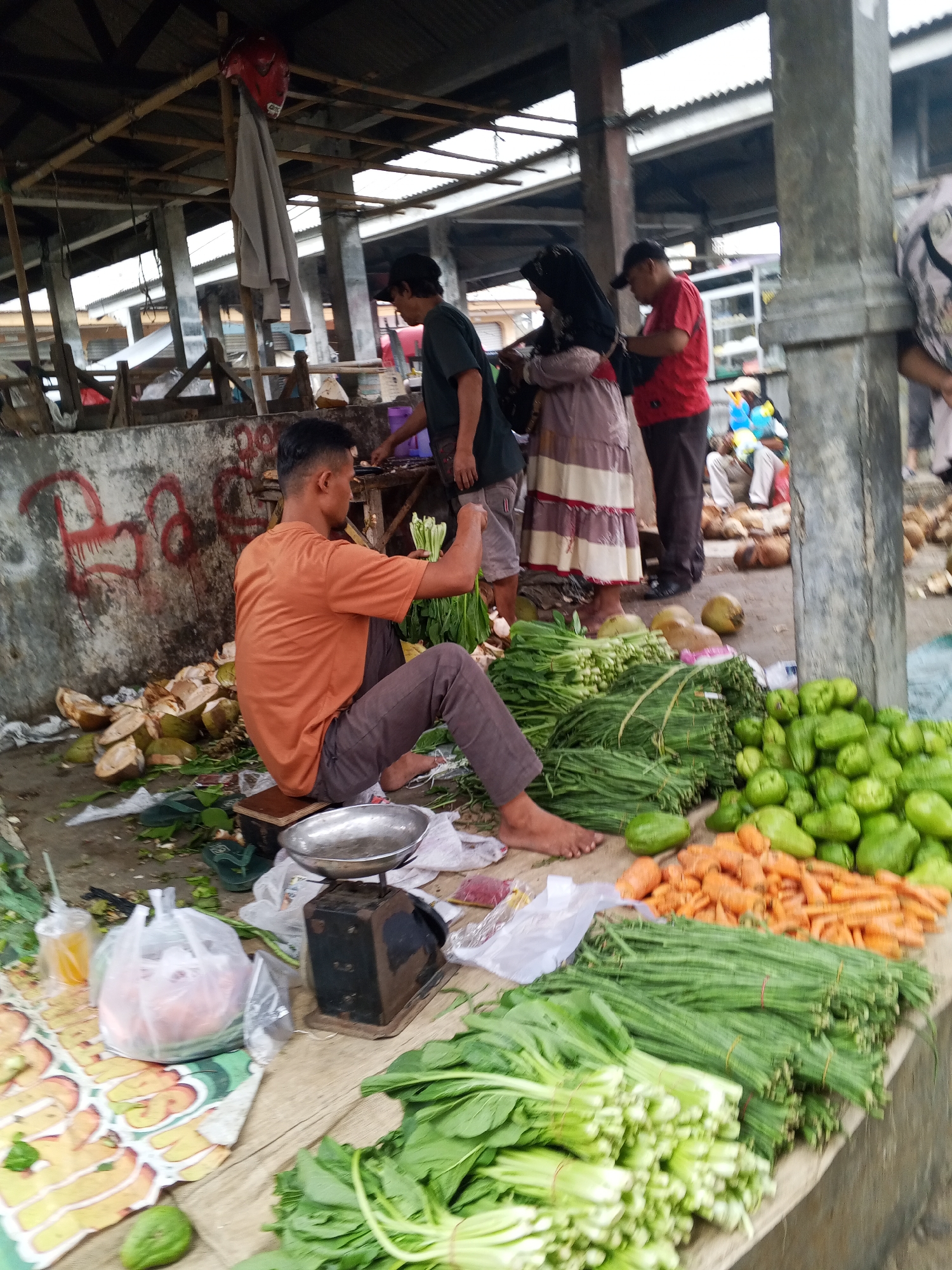 This is a full-shot, eye-level, medium-format, outdoor photograph of a bustling street market, likely in Serang, Indonesia, given the context of other provided images. The scene is dominated by piles of fresh produce. In the foreground, a man wearing an orange t-shirt and brown pants sits on the ground, his back to the camera. He is holding a bunch of green vegetables, possibly scallions, and appears to be preparing them. To his left, a vintage scale sits on a wooden crate. Scattered around the man are numerous halved coconuts, some whole coconuts, and various green vegetables, including what appear to be long beans, leafy greens, and chayote. To the right of the man, an assortment of vegetables is neatly arranged on a wooden surface, including carrots, long beans, and green leafy vegetables. In the background, other vendors and shoppers are visible, some obscured by the produce. The market appears to be under a rustic, open-air shelter constructed with bamboo and corrugated metal roofing. The atmosphere suggests a typical Indonesian local market environment.