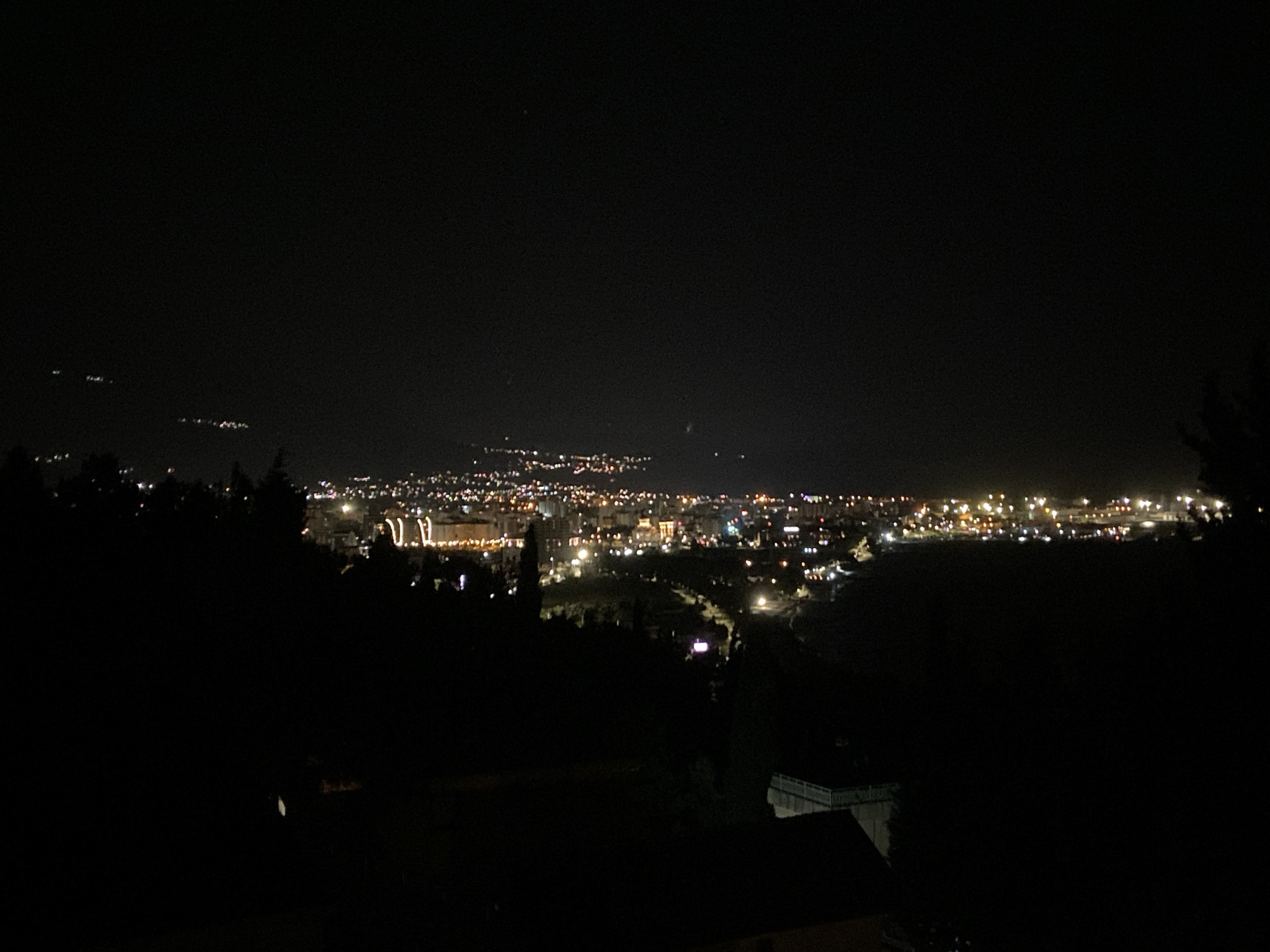 A night scene shows an aerial view of the city of Šušanj, Montenegro, illuminated by city lights against a dark sky. Dark silhouetted trees and possibly rooftops occupy the foreground, obscuring parts of the lit cityscape. The city is spread across the middle ground, with patterns of light suggesting buildings, streets, and other infrastructure. The sky is uniformly dark, providing a backdrop to the bright city lights.