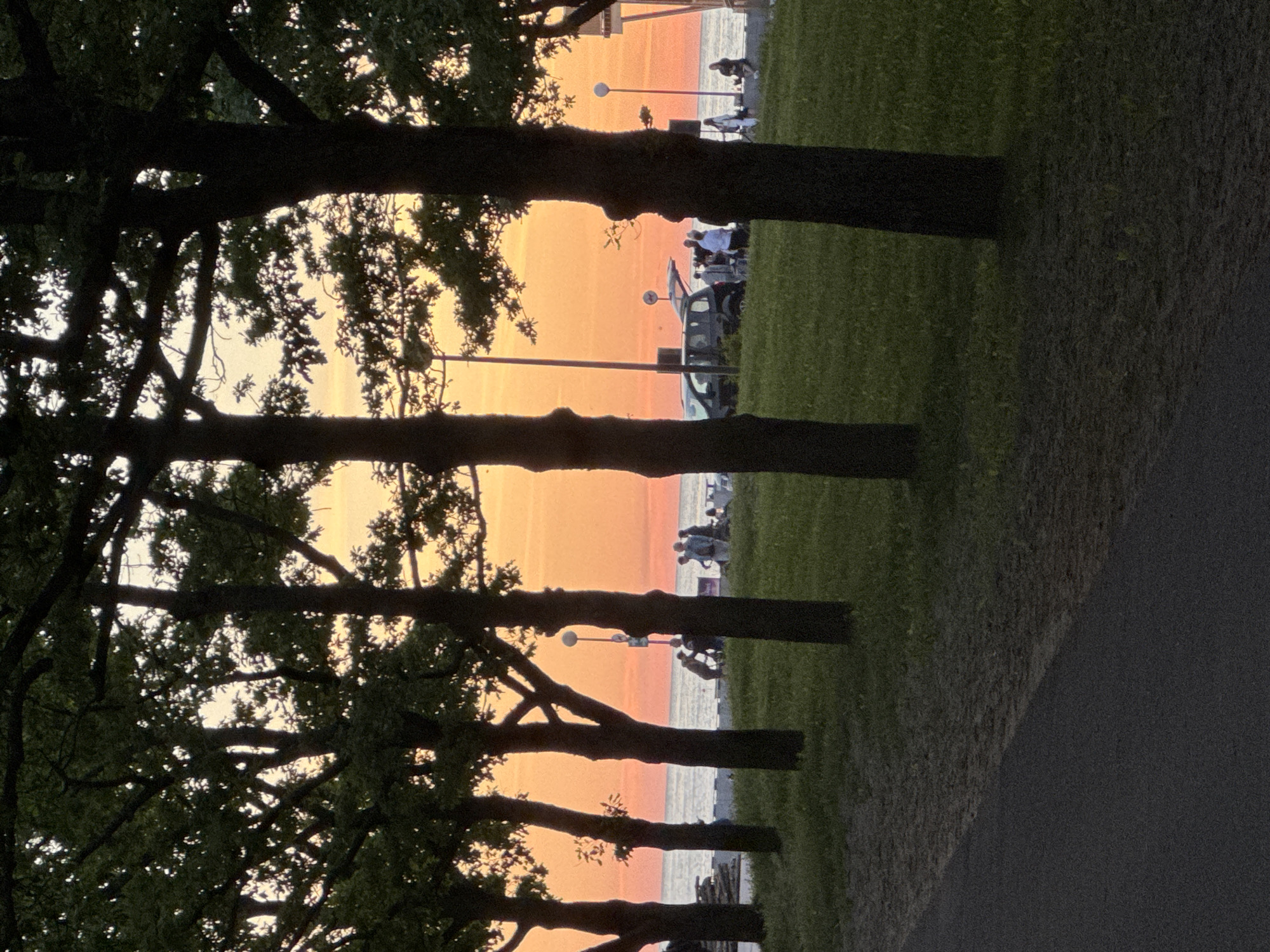 This image depicts a waterfront scene in Tallinn, Estonia, likely during the evening as indicated by the warm sunset hues in the sky. In the foreground, a paved pathway runs diagonally across the lower left portion of the frame, bordered by a strip of grass. Beyond the grass, a line of trees with dark trunks and green foliage creates a silhouetted effect against the vibrant sky.
Further back, the calm waters of the sea stretch towards the horizon. Along the waterfront, a few people are visible. A group of individuals appears to be gathered near a dark-colored vehicle with its trunk open. Other people are seen standing or sitting by the water's edge. Streetlights are present along the promenade, one of which is clearly visible between the trees. The overall atmosphere suggests a relaxed evening at a public seaside area.