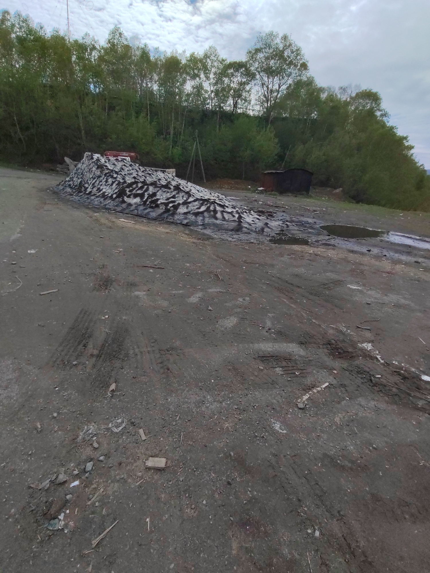 In Petropavlovsk-Kamchatsky, Russia, this image depicts an outdoor scene characterized by a pile of dark, textured material, possibly coal or volcanic ash, dominating the foreground. The material is unevenly distributed, forming a large mound. The ground surface is dirt and gravel, marked with tire tracks, indicating vehicular activity. Scattered debris, including wood fragments and plastic, is visible on the ground. In the background, a dense line of deciduous trees with green foliage covers a sloping embankment. A small, dark-colored shed or structure is situated amongst the trees. The sky is overcast with scattered clouds. The overall impression is one of an industrial or post-industrial site, likely undeveloped or repurposed land on the outskirts of the city.