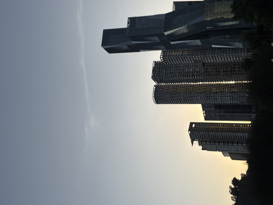 A collection of modern skyscrapers reaches towards the sky, set against a backdrop of pale blue and muted yellow. The buildings showcase varying architectural styles, some with unique, staggered designs. Silhouetted trees form a partial border on the right, adding depth to the urban landscape. The faint, wispy clouds blend subtly into the overcast sky, which covers the majority of the frame.