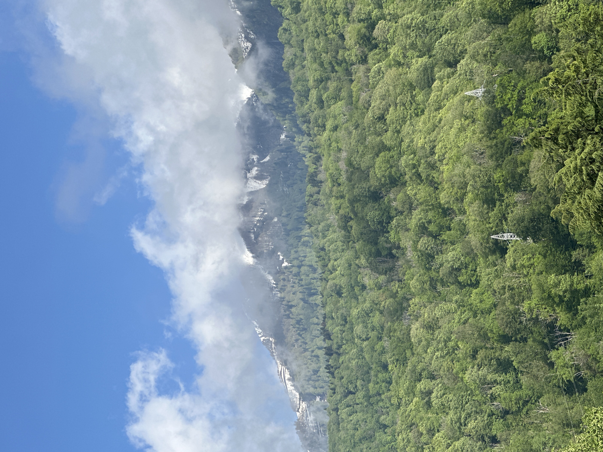 The image shows a mountain range in Krasnaya Polyana, Russia. The left side features a cloudy sky and a rocky, snow-dusted mountainside partially obscured by clouds. The right side is dominated by a dense, green forest. Two transmission towers are visible amidst the trees on the mountainside.