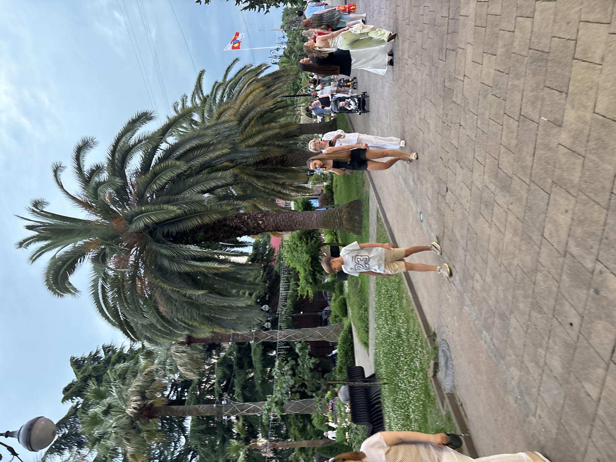 The image depicts a public promenade in Sochi, Russia, on an overcast day. A group of people are walking along a paved pathway lined with palm trees and greenery. In the foreground, a young boy wearing a t-shirt with the number "23" and khaki shorts walks away from the camera. To his left, a woman in a striped shirt and white pants walks towards the camera. Further down the promenade, a woman in a black top and shorts is on her phone, and behind her, a group of people are walking, some pushing a stroller. In the background, flags are visible on poles, and more palm trees and evergreen trees form a lush backdrop. The overall atmosphere suggests a casual, leisurely stroll in a park-like setting.