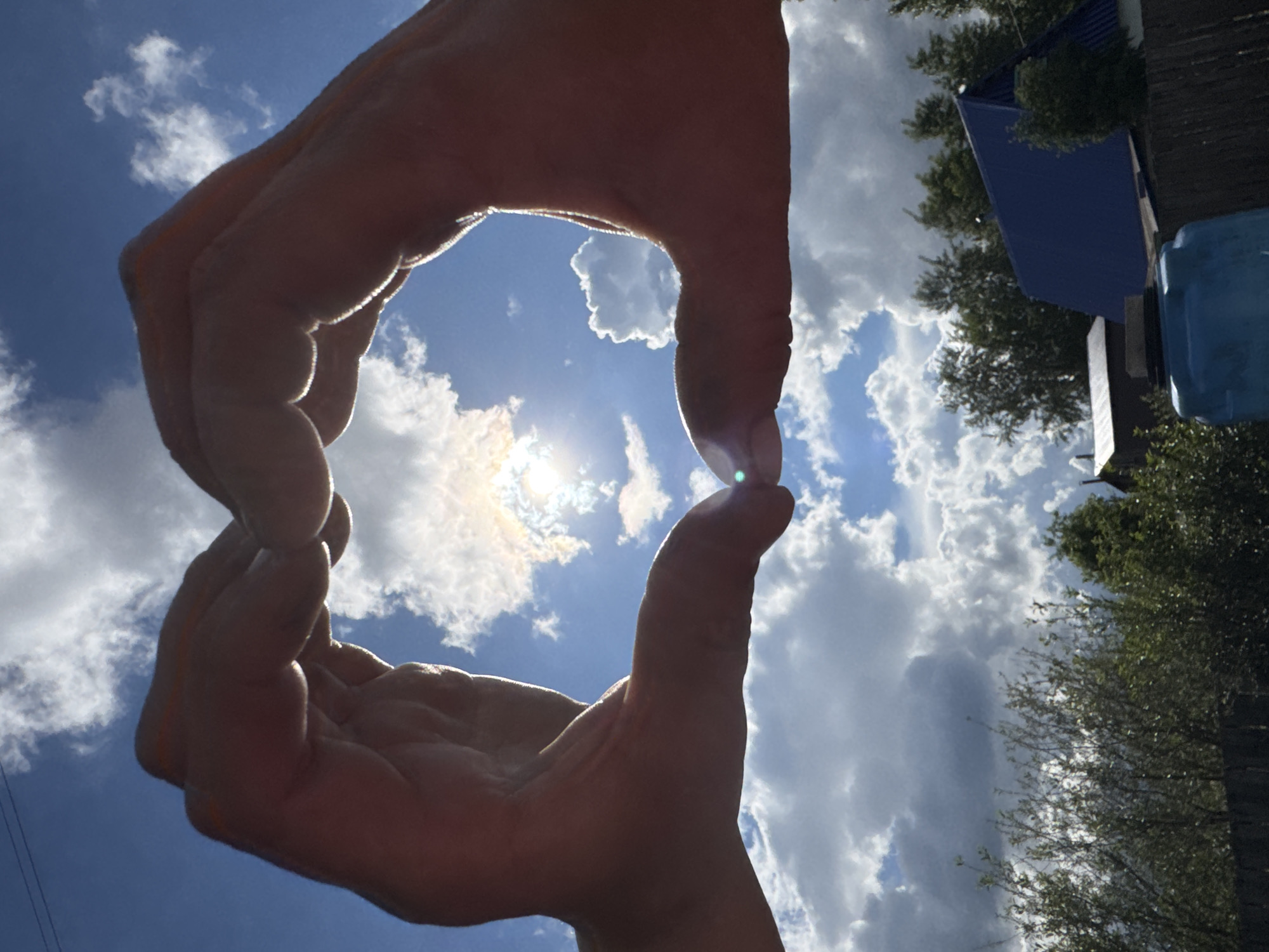 The image captures a pair of hands silhouetted against a vibrant blue sky, forming a heart shape. The photograph is taken from a low angle, looking upwards. The sun, partially hidden by a fluffy white cloud, is visible through the center of the heart, emitting a bright glow and a slight lens flare. The sky is dotted with scattered white clouds, indicating a clear, sunny day. In the background, towards the right side of the frame (when viewed upright), green trees and parts of distant structures, including one with a blue roof, are visible, suggesting an outdoor setting in Chaikovsky, Russia. The hands themselves are in shadow, highlighting their form against the bright sky, with light catching the edges of the fingers. No visible text is present. The gesture of forming a heart with hands typically conveys feelings of love, affection, or appreciation for the scene.