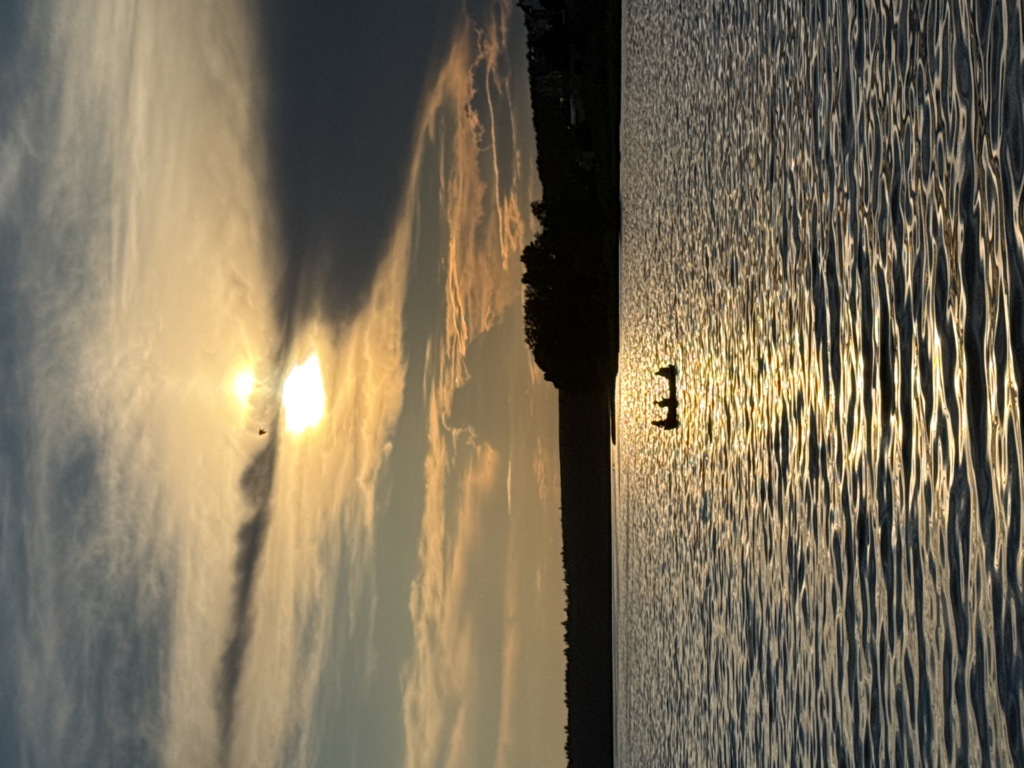 This image depicts a sunset over a body of water, possibly a lake or river, in Votkinsk, Russia. The sun, partially obscured by clouds, casts a golden glow on the rippling water. In the distance, a silhouetted treeline marks the shore, with a few structures visible on the elevated terrain. A small boat with three occupants is visible on the water, their figures silhouetted against the vibrant sky. A single bird is in flight in the upper portion of the image. The sky is a mix of warm hues of orange and yellow from the setting sun, contrasted with darker, dramatic clouds.