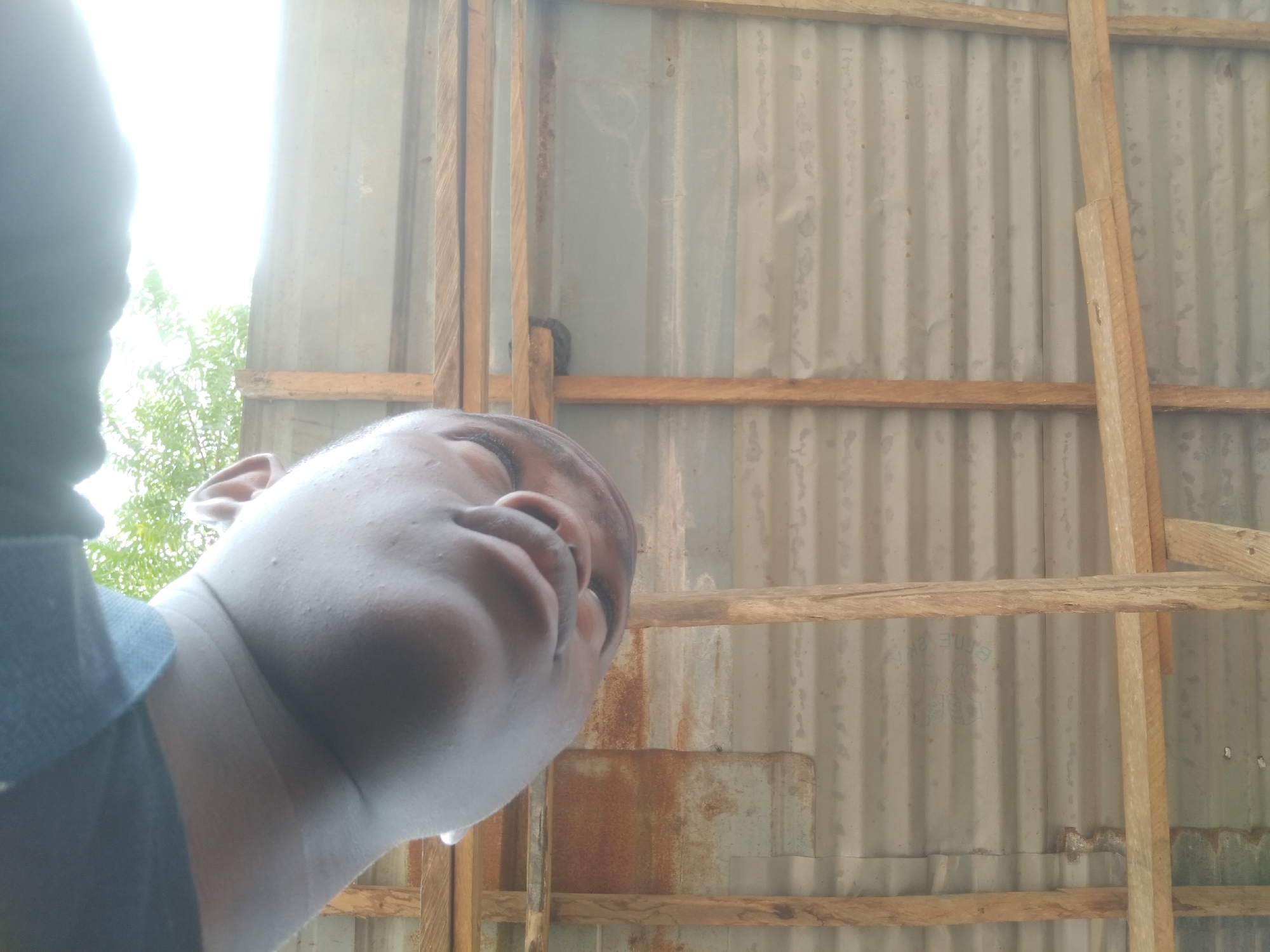A close-up, low-angle shot shows a person's face, neck, and part of their shoulder against a corrugated metal and wooden frame background. The person has dark skin and appears to be looking upwards. Their face is slightly shiny, possibly due to sweat. The wooden frame consists of several horizontal and vertical pieces, some of which are discolored and appear weathered. The corrugated metal behind the frame is a light gray color and shows signs of wear and staining. In the upper left corner, a glimpse of foliage and bright sky is visible. The location appears to be an outdoor or semi-outdoor structure, possibly a shed or partially constructed building. Location is unknown.