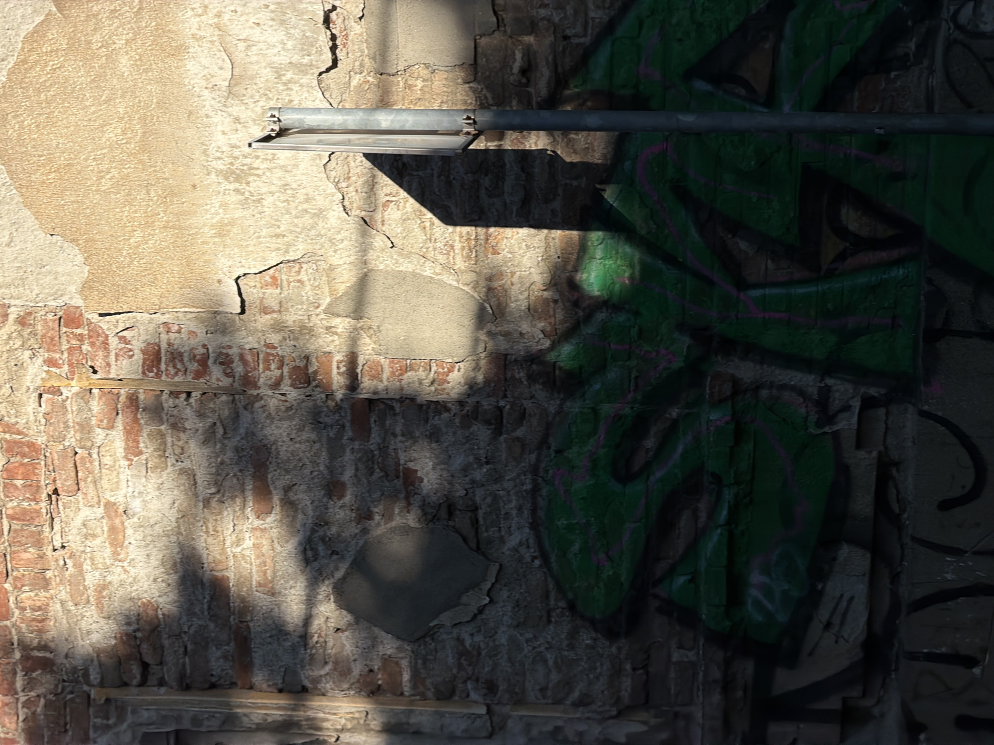 The image depicts a section of a weathered brick wall in Belgrade, Serbia, covered in graffiti. The wall shows signs of age and decay, with patches of plaster peeling away to reveal the underlying bricks. A gray metal pole stands vertically in the right half of the frame, casting a sharp shadow across the wall. Large, vibrant green graffiti, with pink accents, dominates the lower portion of the wall, obscuring much of the brickwork and plaster. Shadows from an unseen source, possibly foliage, create a dappled effect across the upper left section of the wall. The overall impression is one of urban decay and artistic expression in a city environment.