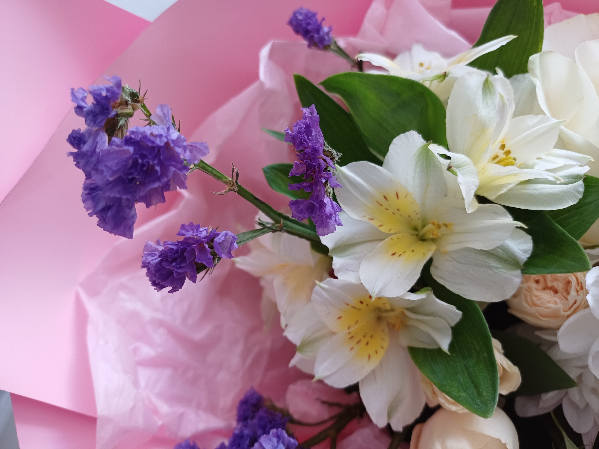 A close-up shot features a bouquet of flowers wrapped in pink paper. The bouquet is predominantly white lilies with yellow centers and speckles, interspersed with lush green leaves. Adding a touch of contrasting color are small, delicate purple flowers, likely statice, scattered throughout. The pink paper wrapping creates a soft, vibrant background, with one sheet appearing crinkled and textured, while another forms a smooth, curved surface. The lighting suggests an indoor setting, possibly a well-lit room, and there is no indication of time of day or weather. No people or text are visible in the image. The overall impression is one of delicate beauty and natural arrangement, suitable for a gift or decoration.