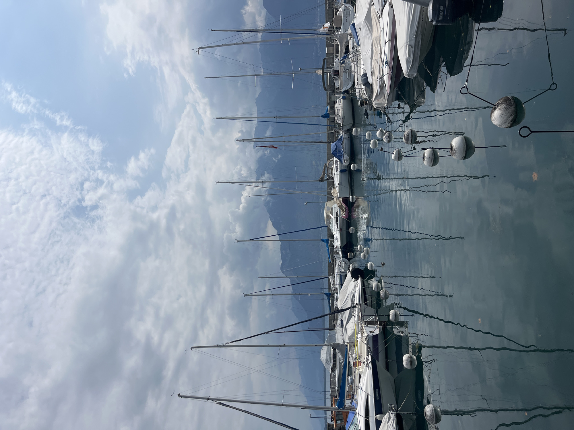 The image depicts a marina in Vevey, Switzerland, with numerous sailboats docked. The sailboats are white with tall masts, and some are covered with white tarps. The water in the marina is calm and reflects the sailboats and the sky. White buoys are visible in the water, connected to the boats by ropes. In the background, mountains rise behind the marina, and a cloudy sky with patches of blue is overhead. The overall scene conveys a sense of tranquility and a picturesque waterfront setting.