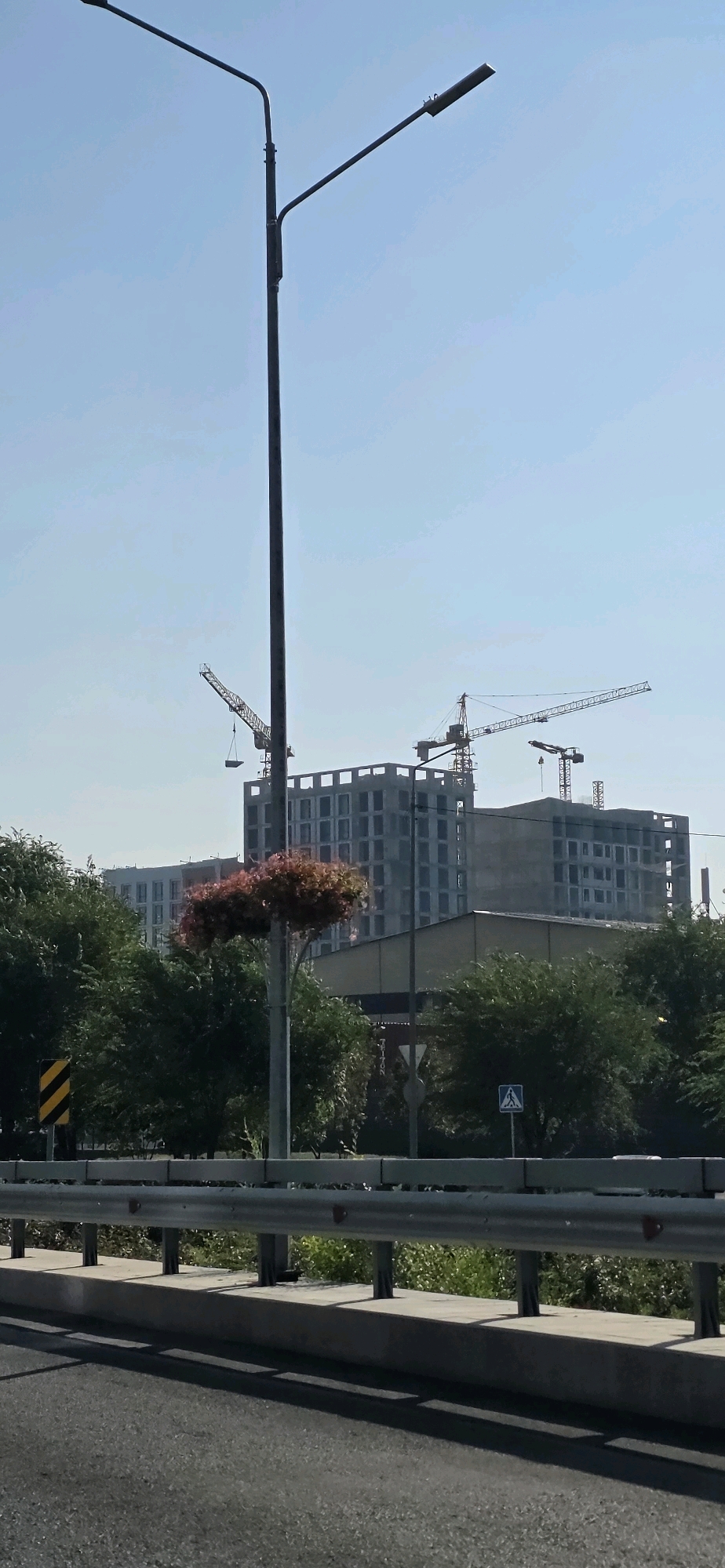 The image captures a construction site in Almaty, Kazakhstan, on a clear day with a pale blue sky. Dominating the foreground is a tall, dark street lamp with two lights. Behind the lamp, a multi-story building under construction is visible, with cranes operating around it. The building appears to be a modern residential or commercial complex. Green trees line the area in front of the construction, and a metal guardrail separates the foreground from the building site. Road markings and a pedestrian crossing sign are also present in the mid-ground, suggesting a road or pathway nearby. The overall scene depicts urban development in progress.