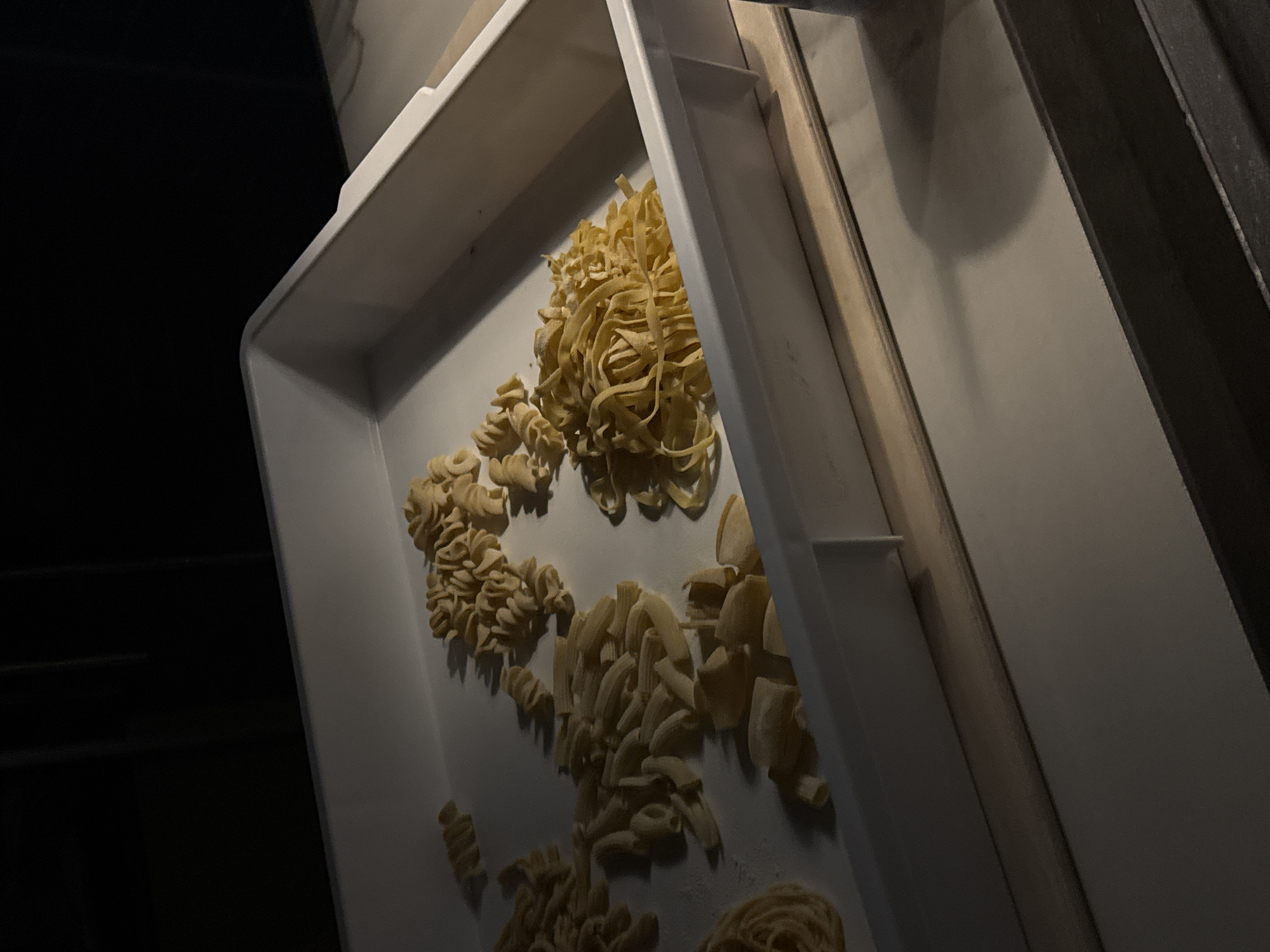 A white tray containing various types of dried pasta is shown at an angle. The pasta includes fusilli, tagliatelle, and penne. The tray appears to be part of a larger storage system or cabinet. The location is Rome, Italy.
