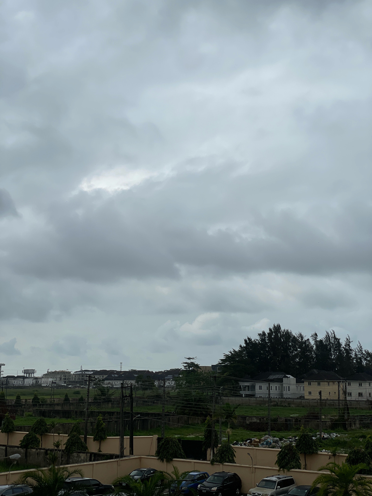The image depicts an overcast sky above a residential area on Lekki Peninsula II, Nigeria. The foreground features a beige wall with palm fronds and parked cars, including a black SUV and a silver SUV. Behind this wall is a concrete fence and manicured trees. Further back, a row of houses with light-colored facades is visible, interspersed with tall evergreen trees. A patch of overgrown land with debris is situated between the houses and a chain-link fence. In the distance, more buildings, including some under construction with cranes, are visible, along with utility poles and wires. The overall impression is of a suburban or semi-urban environment under a cloudy sky.