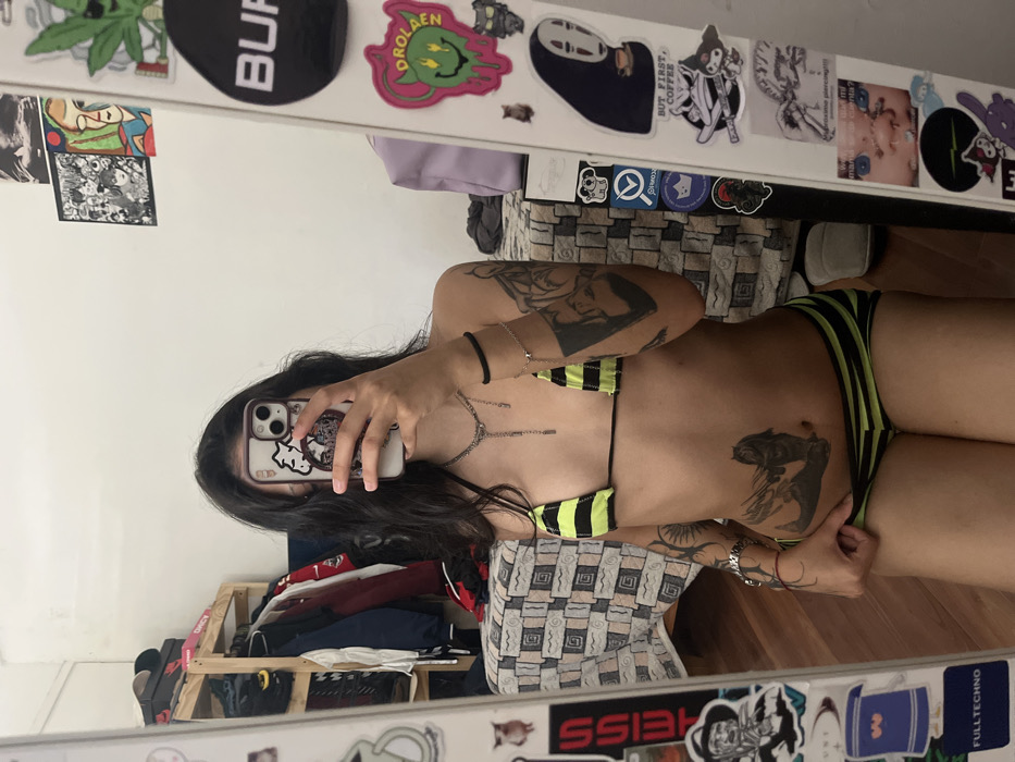 A woman poses in a mirror selfie, wearing a black and neon striped bikini. Her face is obscured by a phone in her hand, adorned with stickers. The mirror's frame is covered with various stickers. Tattoos are visible on her arms, stomach, and sides. A wooden shelf filled with clothes is seen in the reflection, along with a patterned blanket draped on a surface.