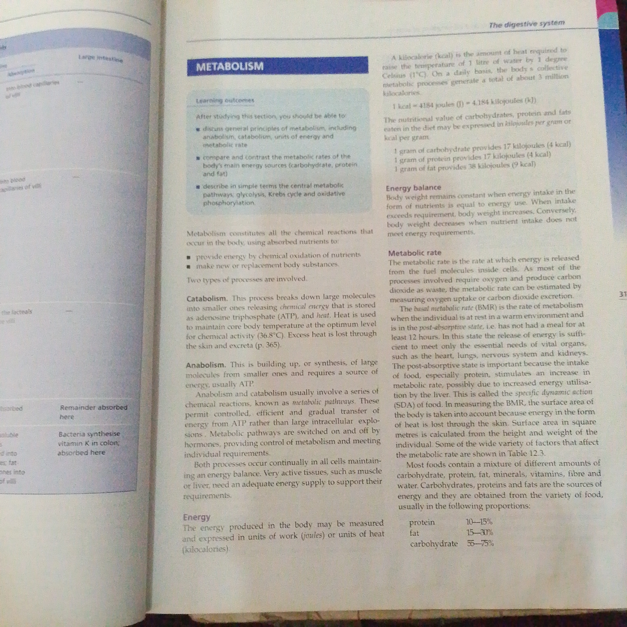 The image is a close-up of a page from a textbook discussing "Metabolism" and "The digestive system." The page is divided into sections with headings like "Learning outcomes," "Metabolism," "Catabolism," "Anabolism," "Energy balance," and "Metabolic rate." The text explains concepts related to chemical reactions in the body, energy sources, and energy expenditure. There are no people, actions, or interactions depicted. The environment is a plain, light-colored background typical of a printed book page. There is no information within the image that relates to the city of Jalingo, Nigeria, or any specific location.
